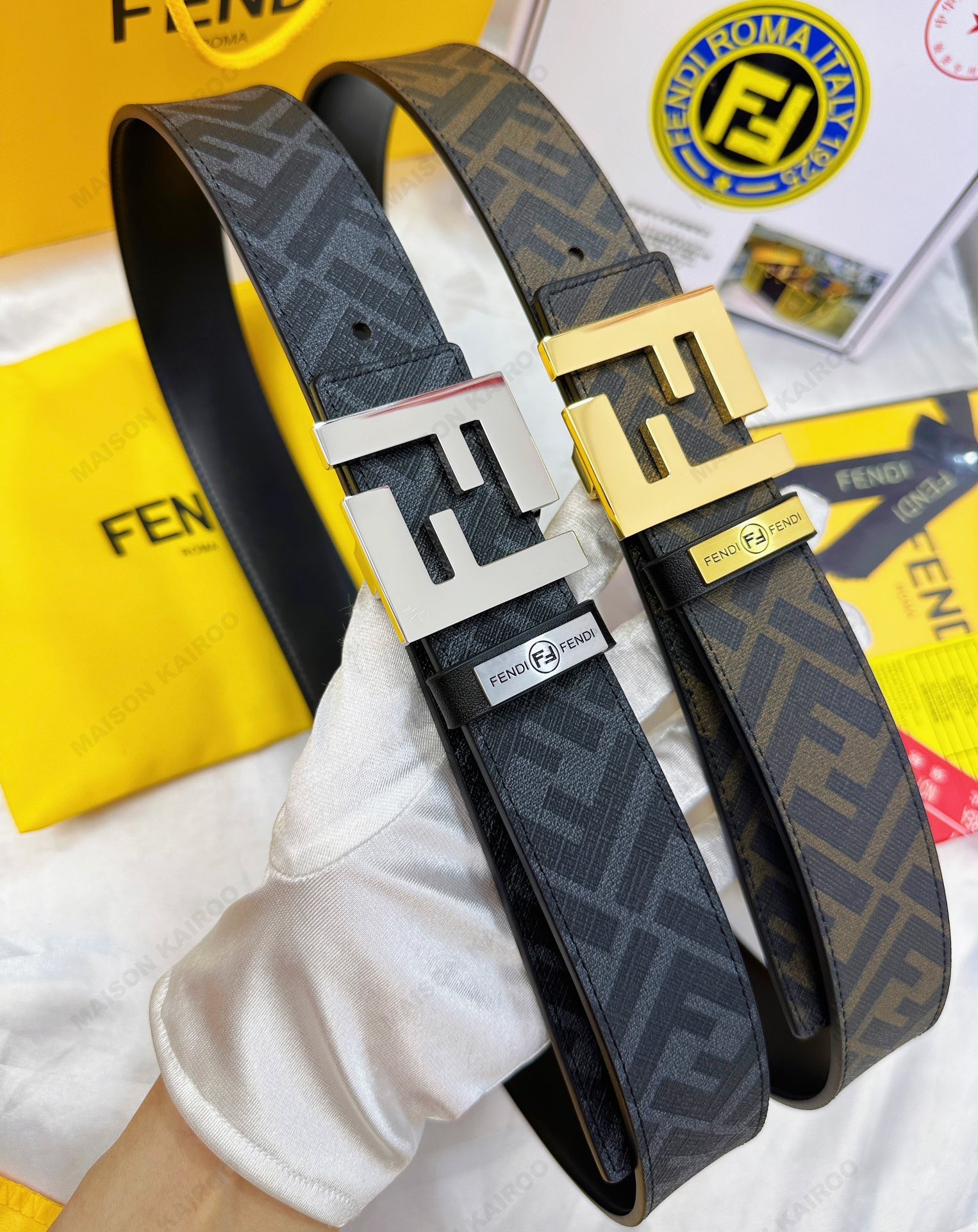 Fendi 3.8 FF Jacquard Coated Canvas Two-Sided Reversible Polished FF Plaque Buckle Belt - KAIROO