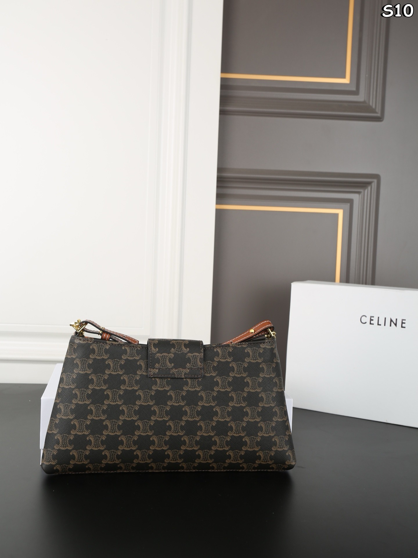 Celine Triomphe Monogram Leather Gold-tone Clasp Chain Lightweight Hobo Shoulder Bag - KAIROO