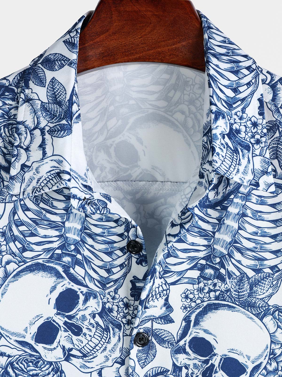 Men's Blue Floral Skull Punk Rock Button-Up Short Sleeve Shirt