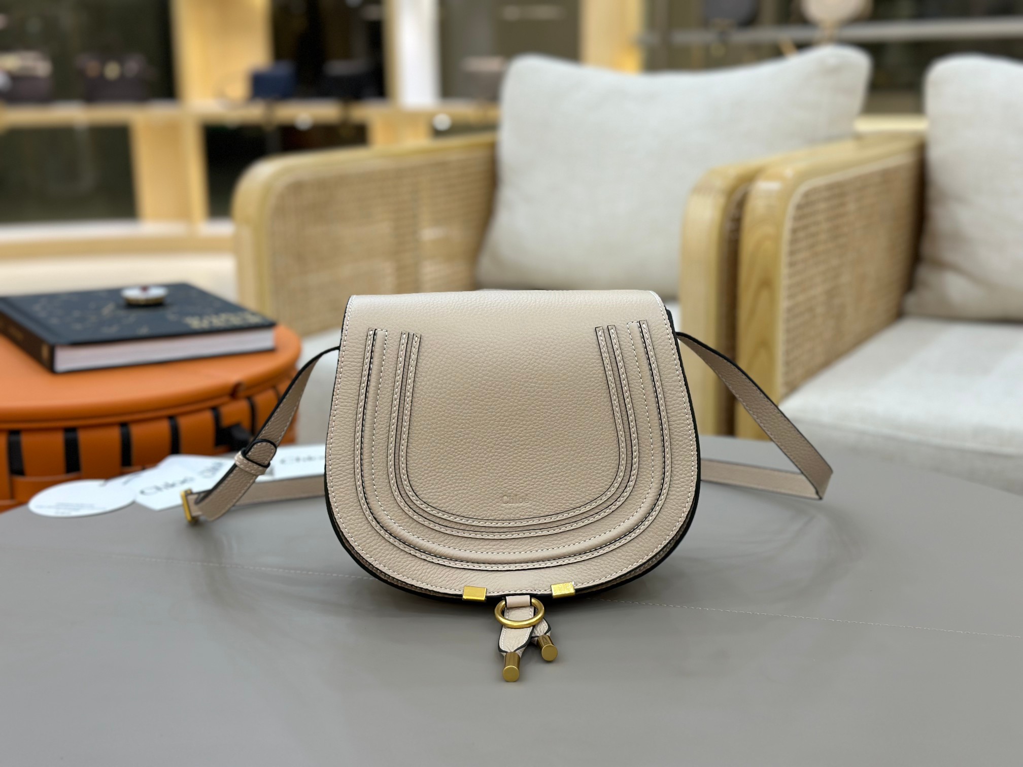 Chloe Marcie Saddle Bag in Grained Calfskin-Beige