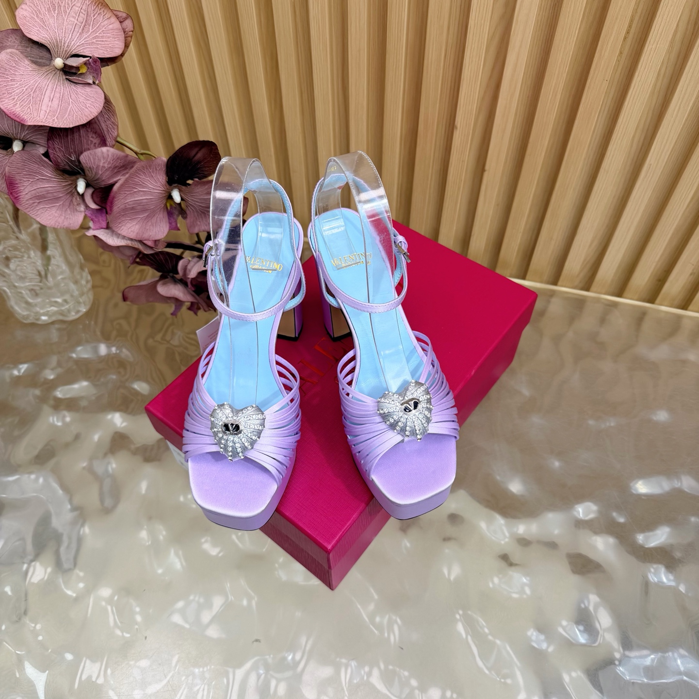 Valentino Garavani Lavender VLogo Crystal Brooch Satin Multi Straps Platform Square Toe Chunky Heel Sandals - KAIROO