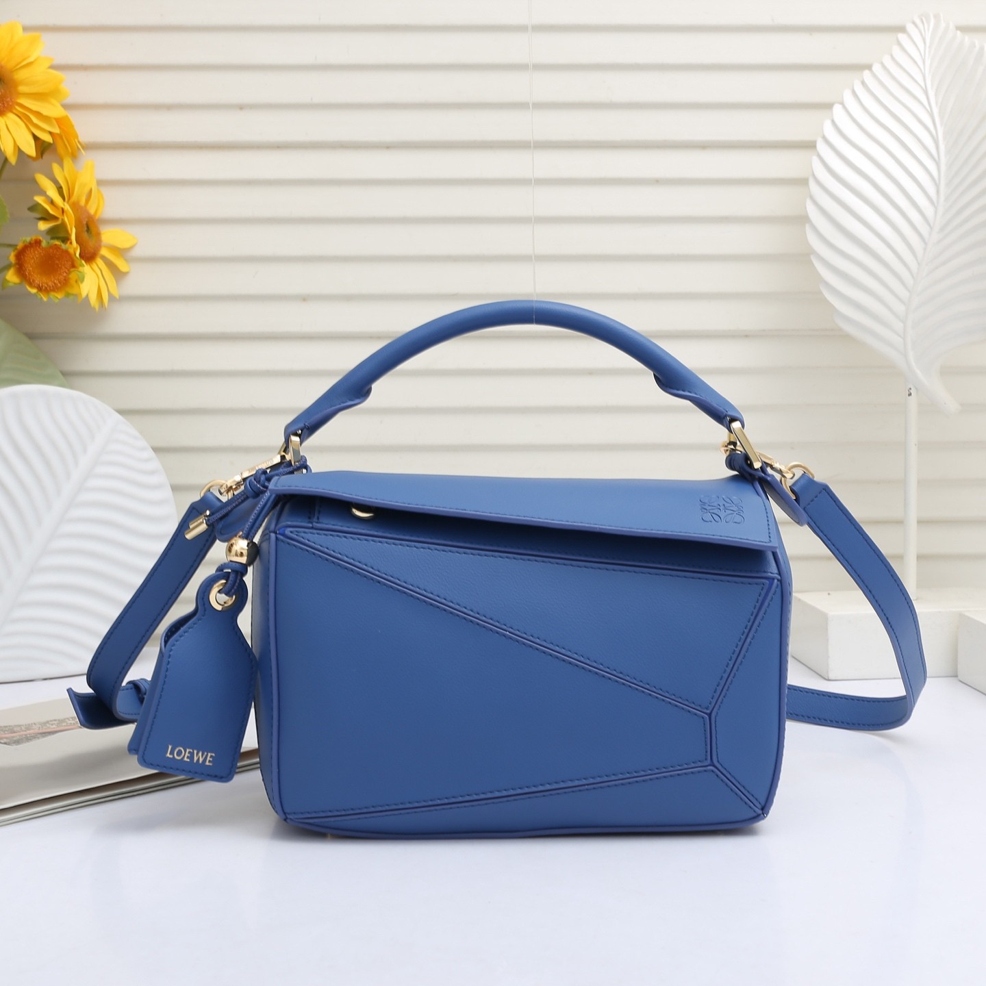 Loewe Small Navy Puzzle Geometric Panelled Grain Leather Handle Shoulder Bags - KAIROO