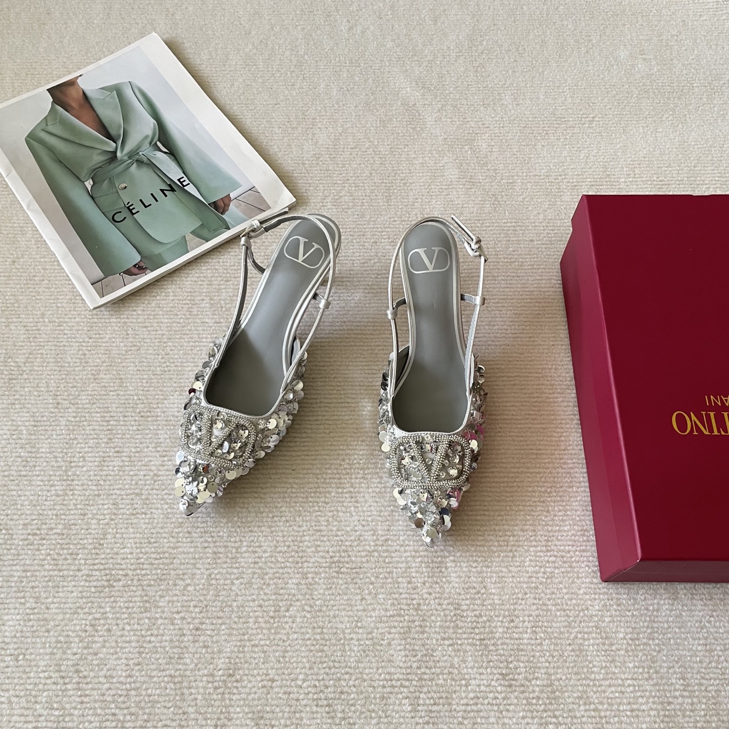 Valentino Garavani VLogo Silver Pointed Toe Sequin Embroidered Leather Slingback Pumps Heels - KAIROO