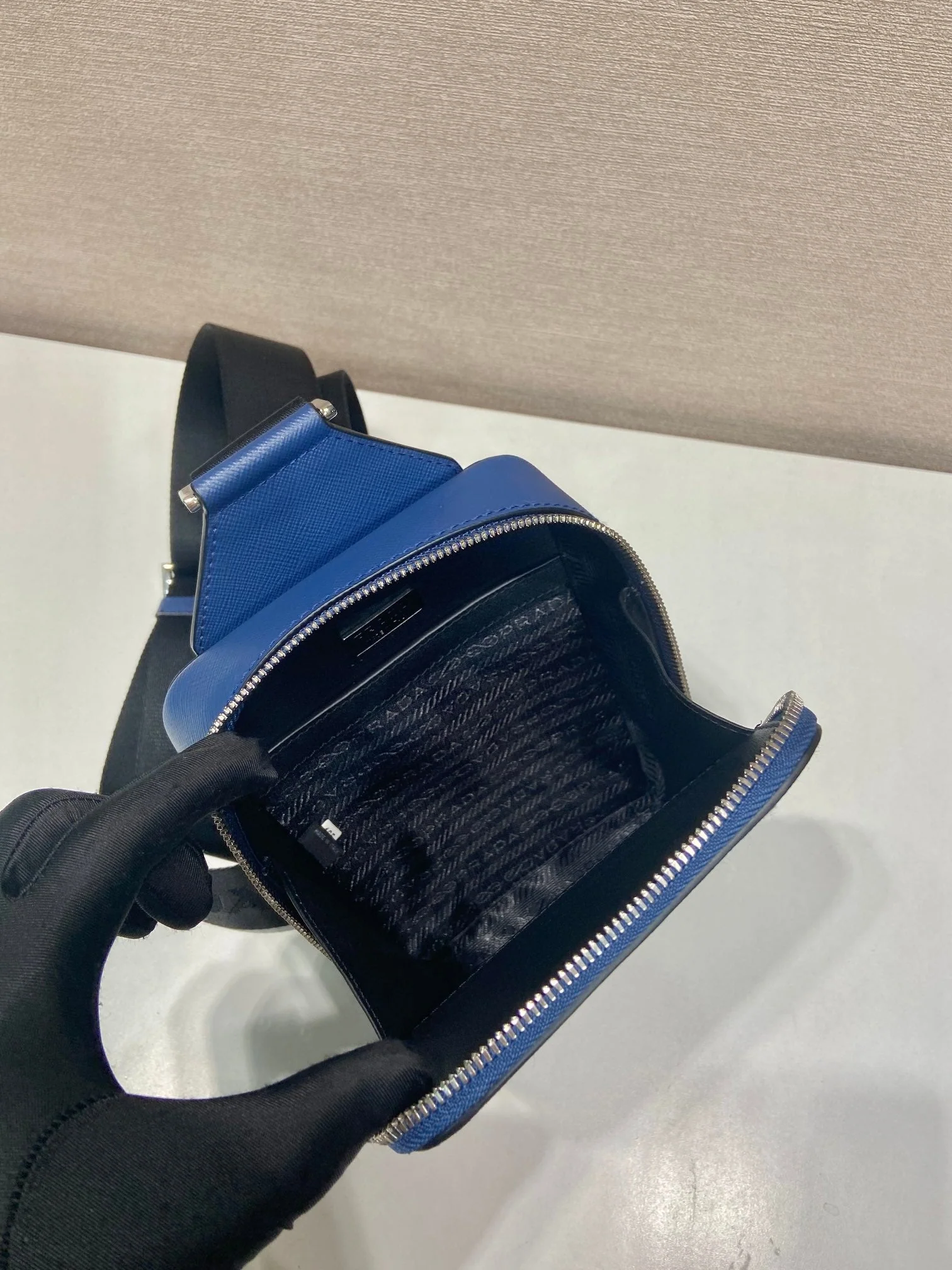 Prada CHEST BAG 20 IN CLASSIC BLUE SAFFIANO LEATHER
