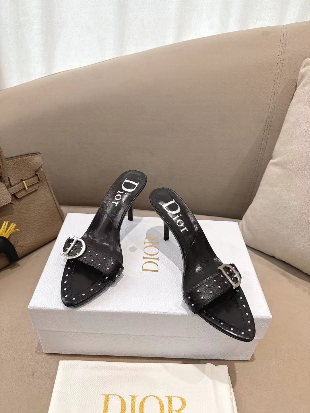 Dior Black Saddle Studded Leather CD Buckle D-Idole Pointed Toe Heeled Mule Sandals - KAIROO