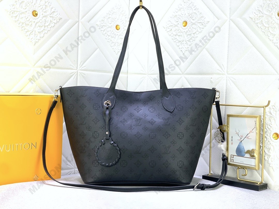 Louis Vuitton LV Mahina Blossom PM&MM Black Dense Perforated Monogram Leather Basket Handle Tote Bag - KAIROO