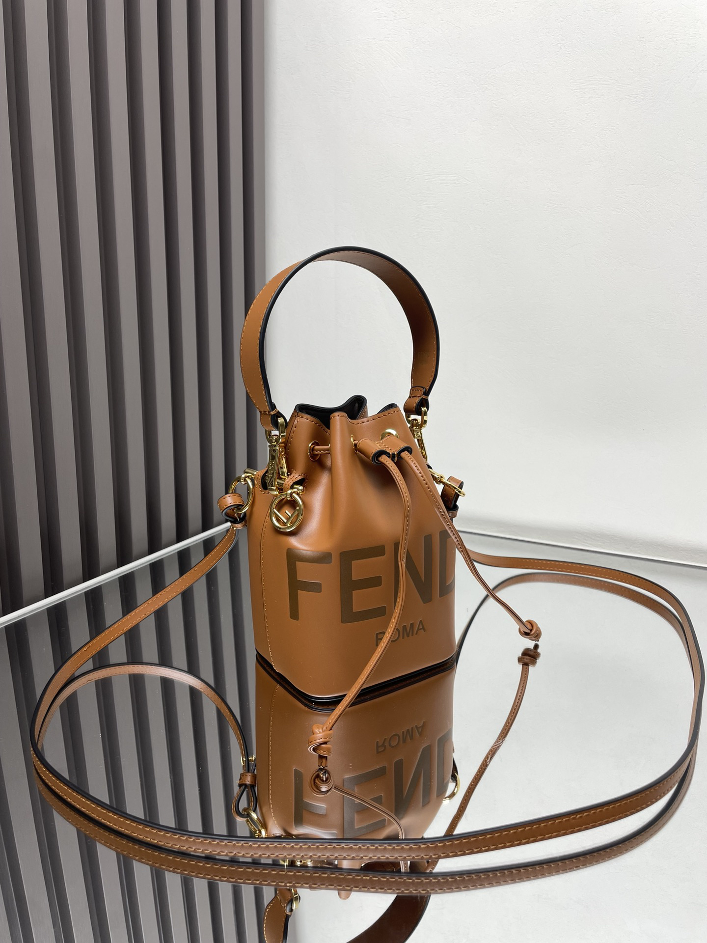 Fendi Tan Leather FENDI ROMA Logo Mini Drawstring Bucket Bag - KAIROO