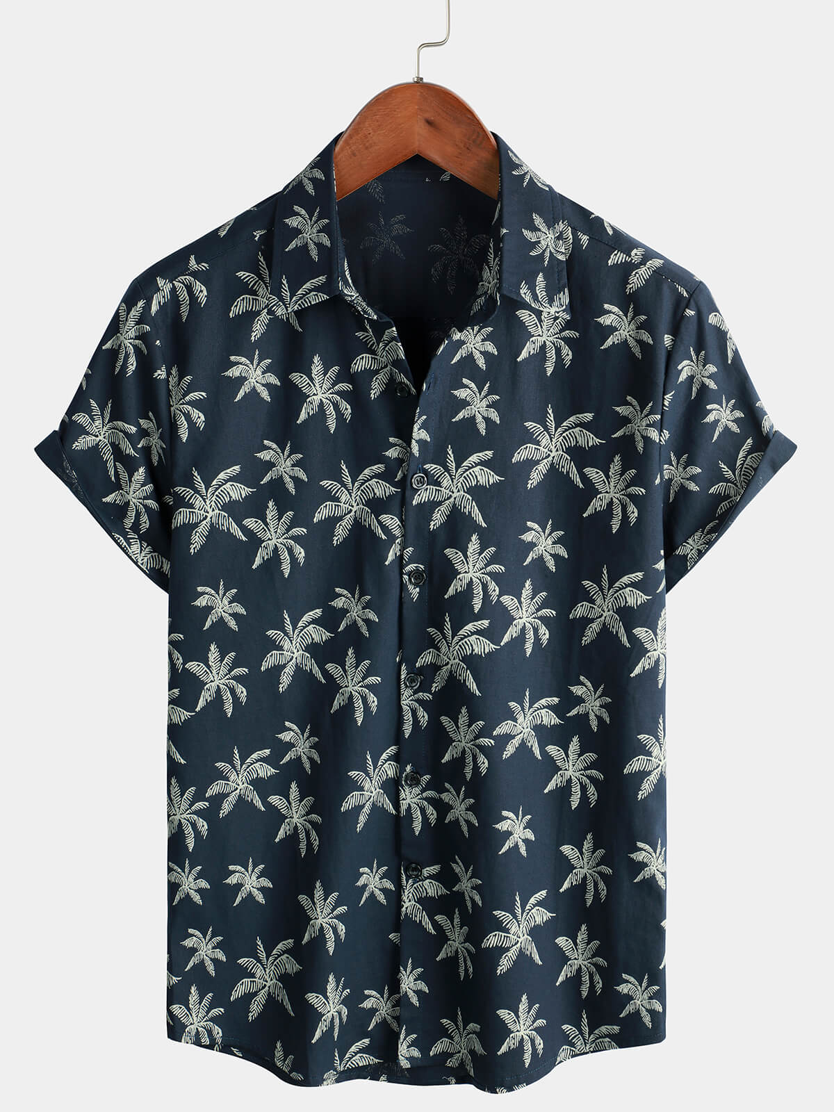 Men's Navy Palm Print Cotton Hawaiian Button-Up Short Sleeve Shirt