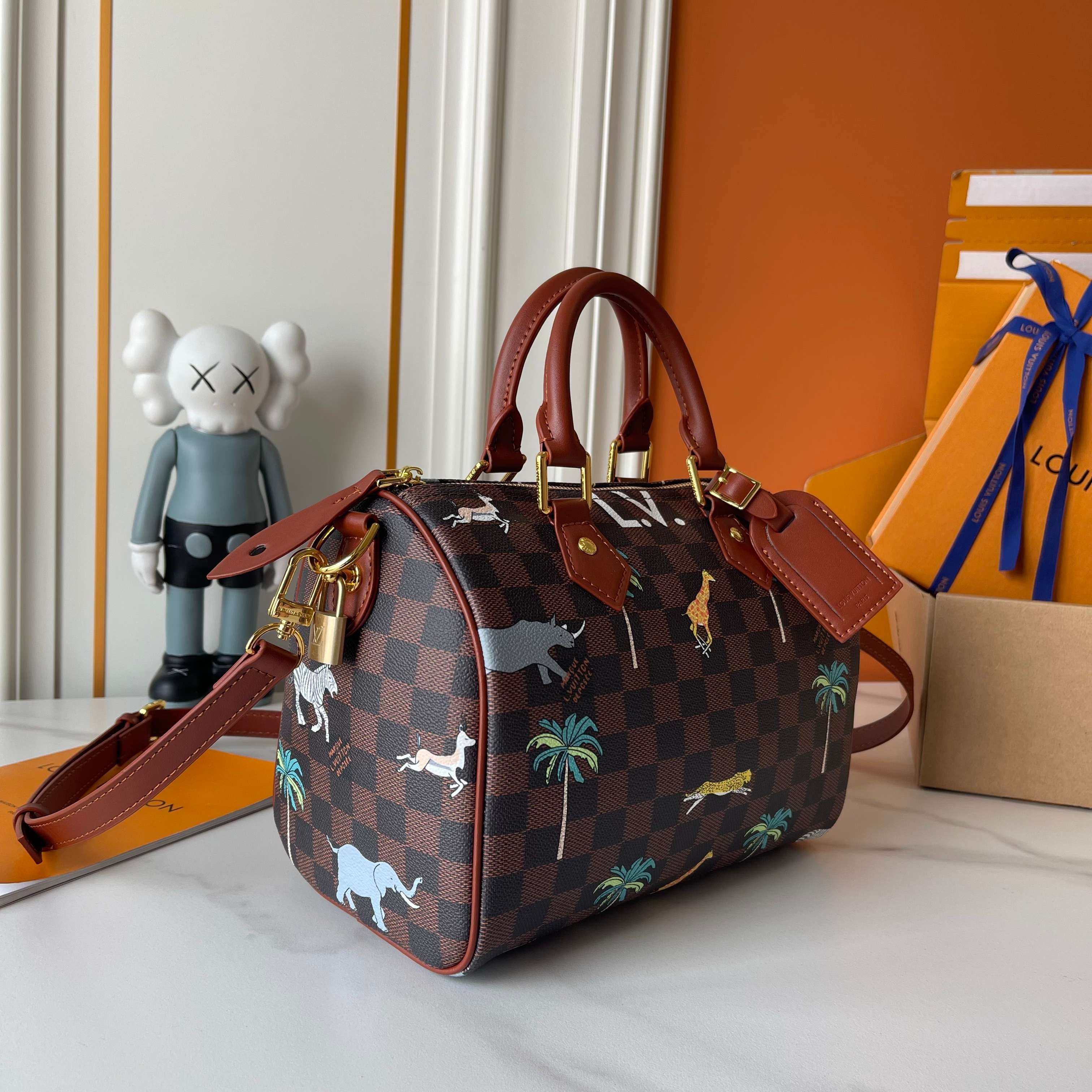 Louis Vuitton LV Speedy 25 Damier Ebene Safari Jungle Animal Printed Boston Top Handle Bag - KAIROO