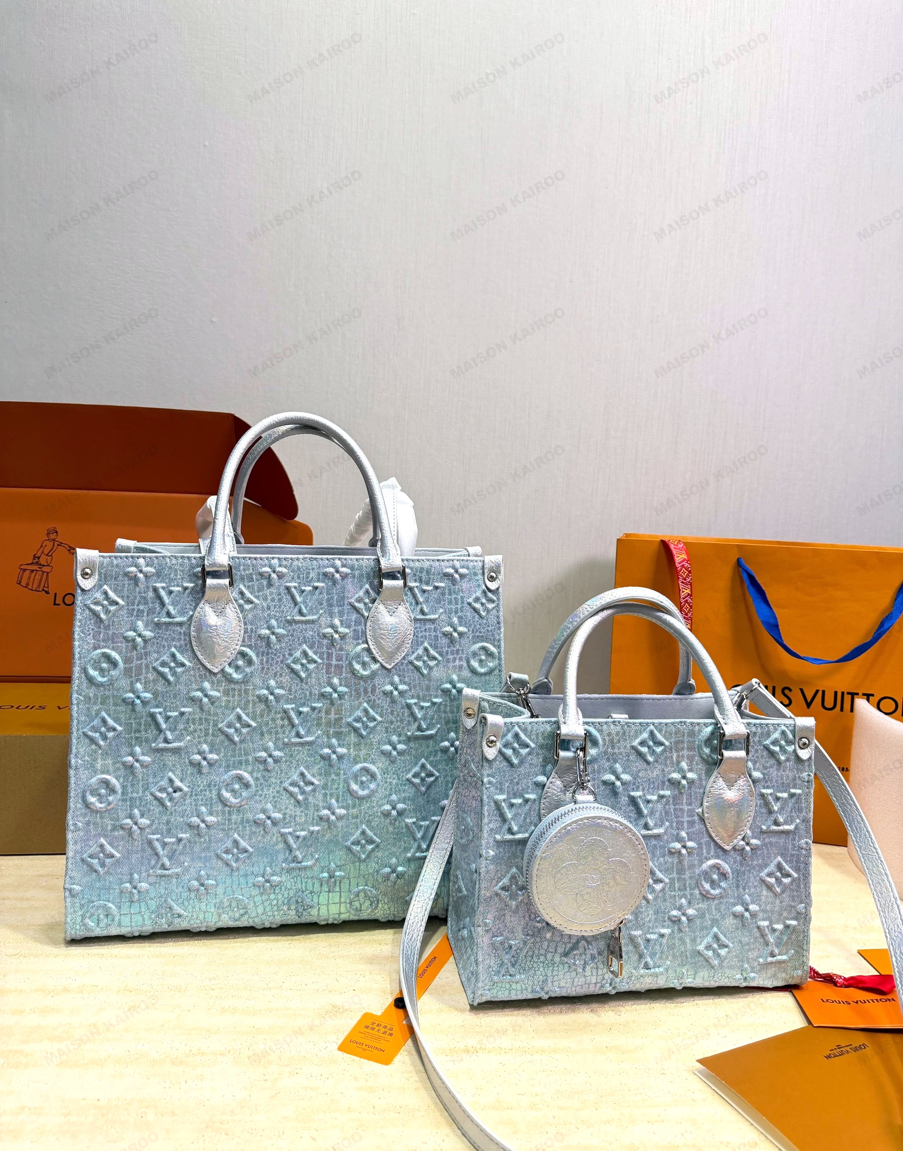 Louis Vuitton LV OnTheGo PM/MM Blue Iridescent Croc Monogram Embossed Leather Tote Top Handle Bag - KAIROO