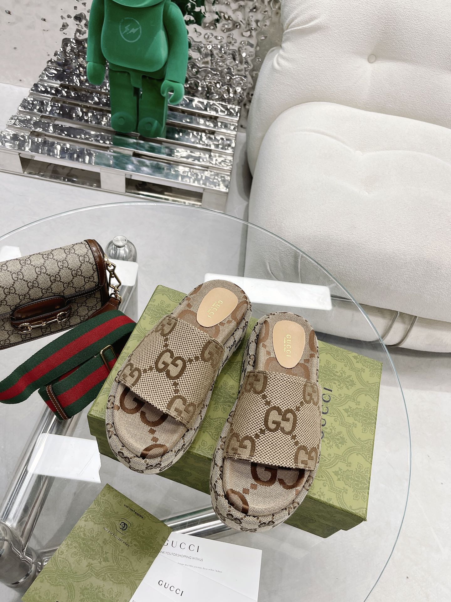 Gucci Angelina GG Denim& Canvas Monogram Chunky Platform Slide Sandals - KAIROO