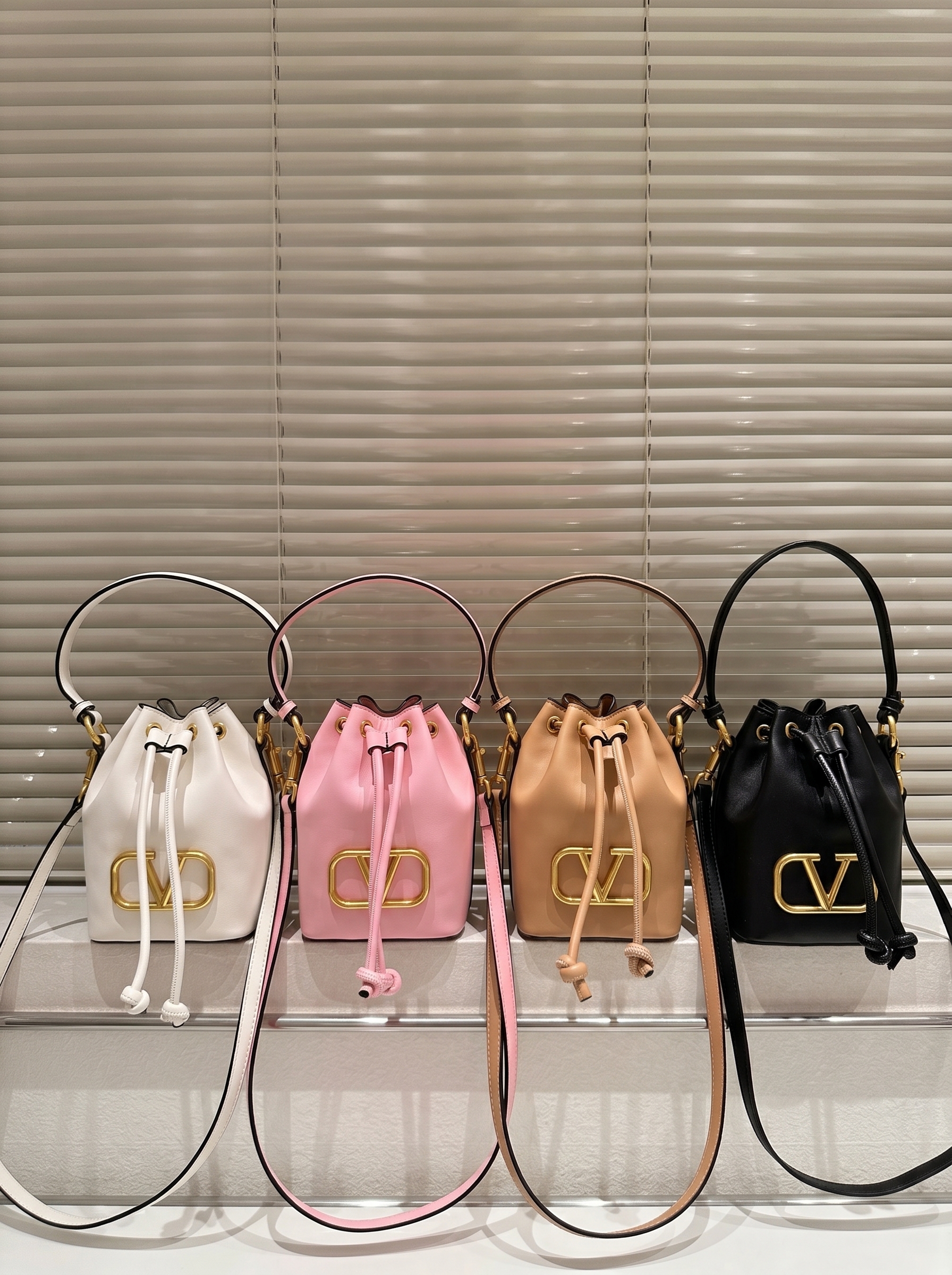 Valentino Gold VLogo Signature Mini Smooth Leather Drawstring Cylindrical Bucket Crossbody Bag - KAIROO