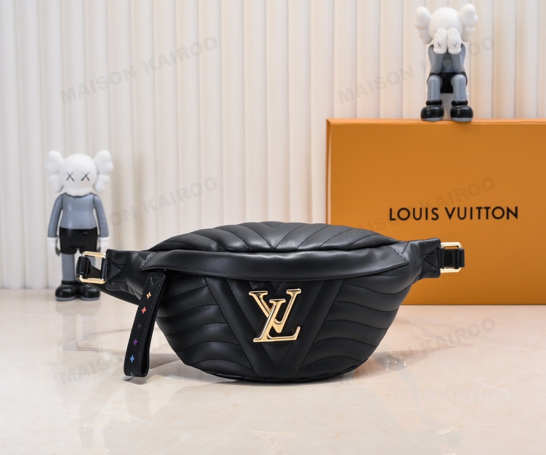 Louis Vuitton LV New Wave Black V-Stitch Quilted Smooth Leather Strap Bumbag Waist Bag - KAIROO
