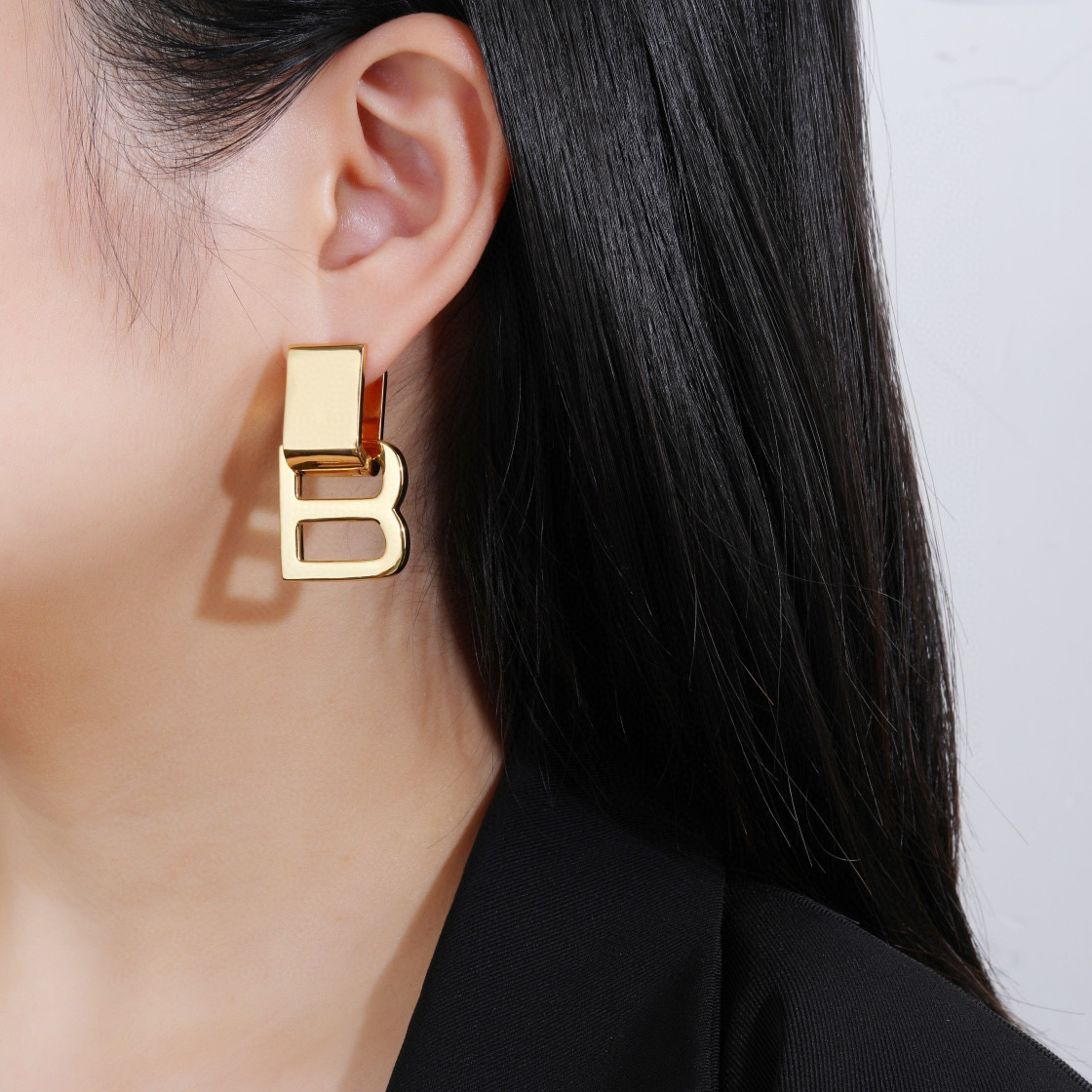 Balenciaga B Chain Polished Gold Tone Letter B Rectangular Top Drop Earrings - KAIROO