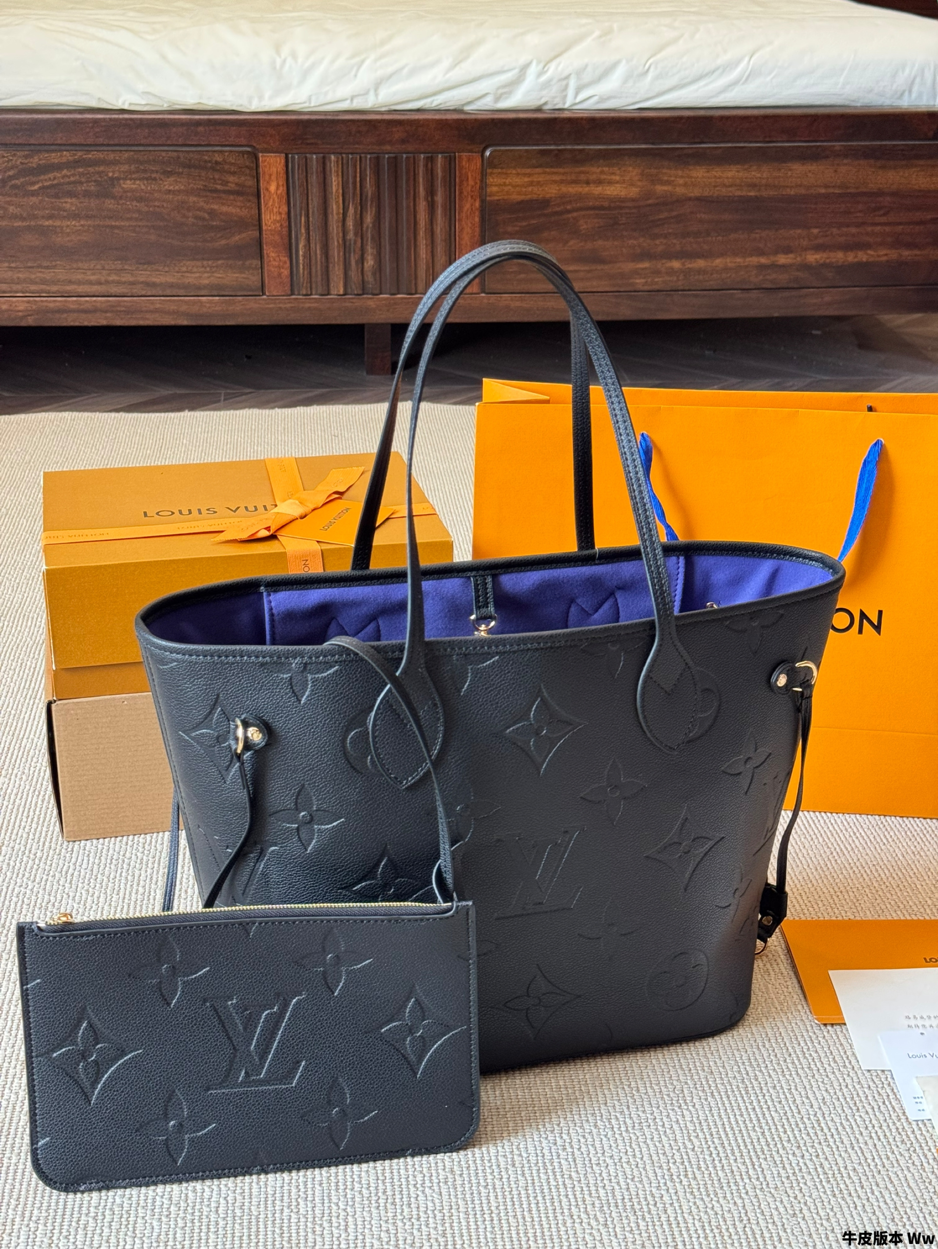 Louis Vuitton LV Neverfull MM Black Monogram Empreinte Leather Tote Top Handle Bag With Pouch - KAIROO