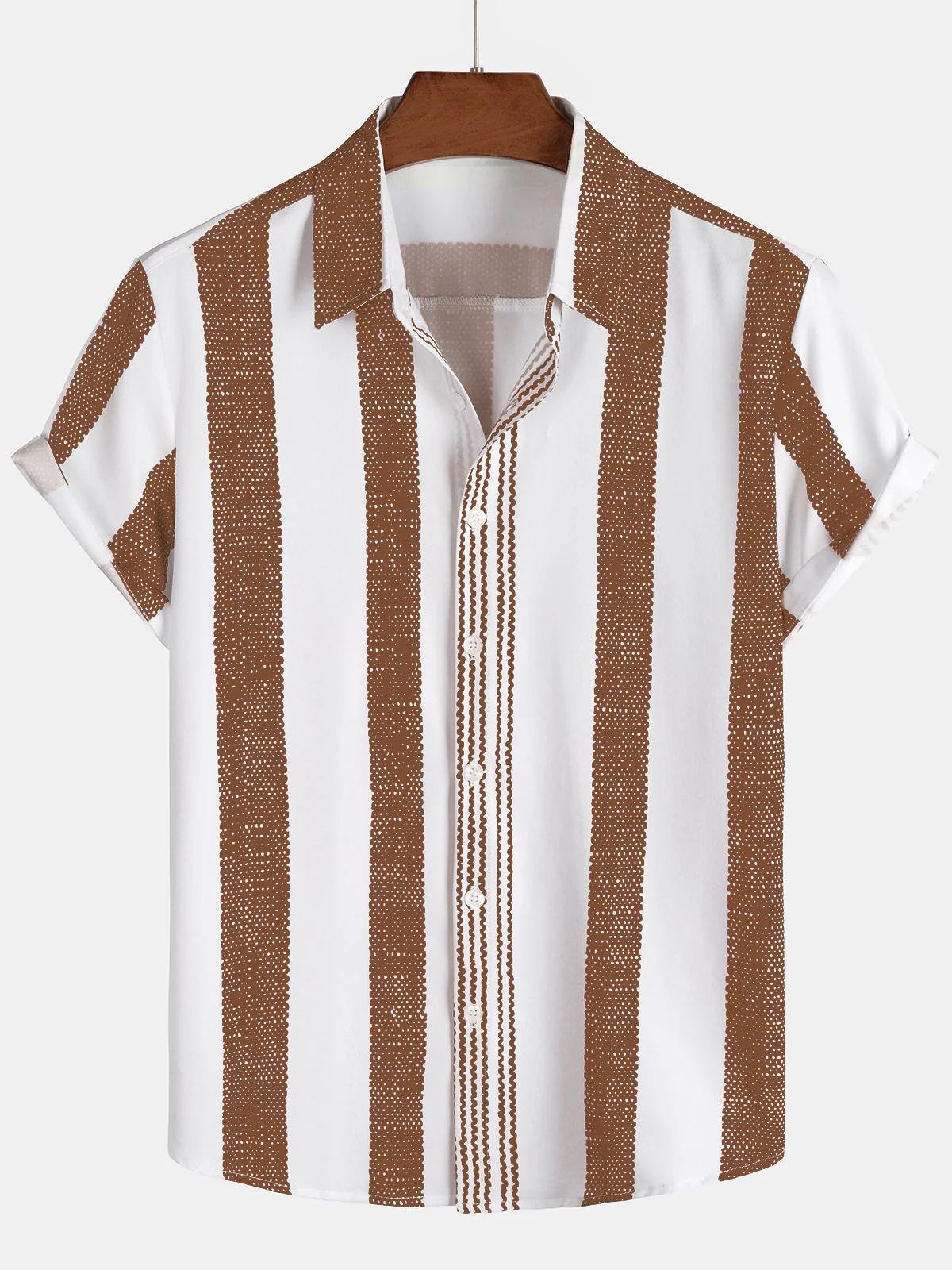 Men's Vintage Brown Vertical Stripe Casual Short Sleeve Shirt