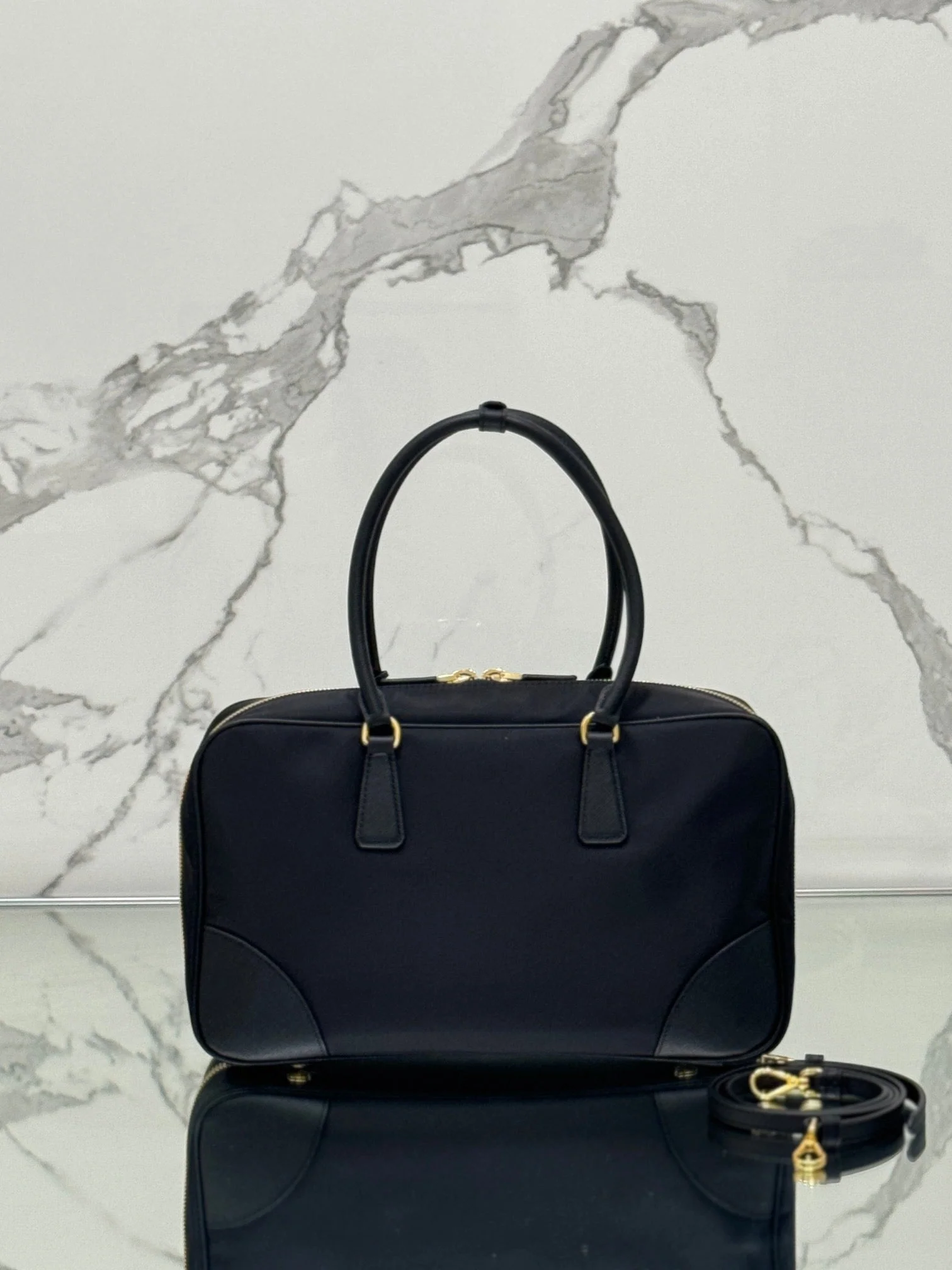 Prada LARGE TOP HANDLE BAG 35 IN BLACK NYLON AND CALFSKIN TRIM