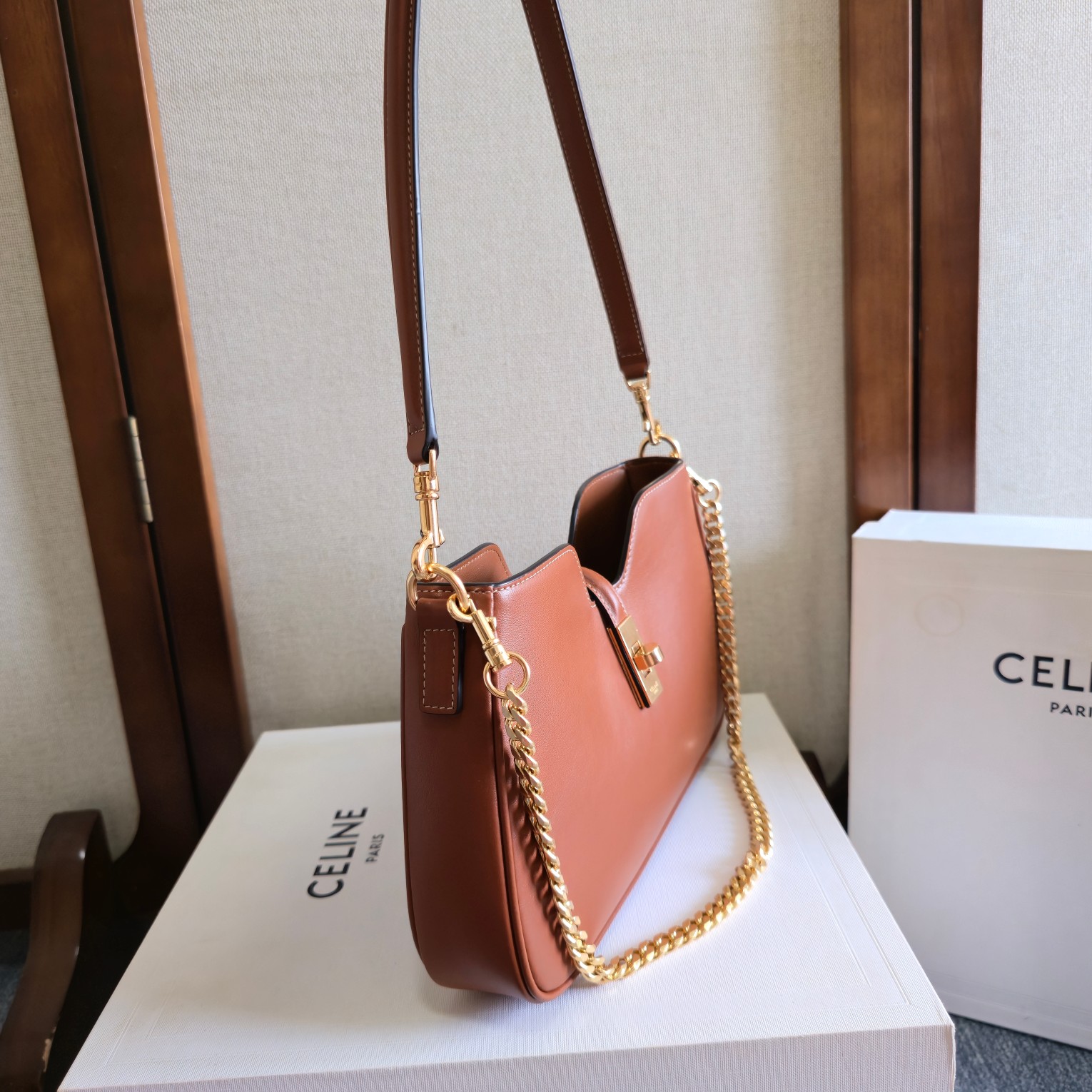 Celine Camille Hobo in Naturel Calfskin-Brown