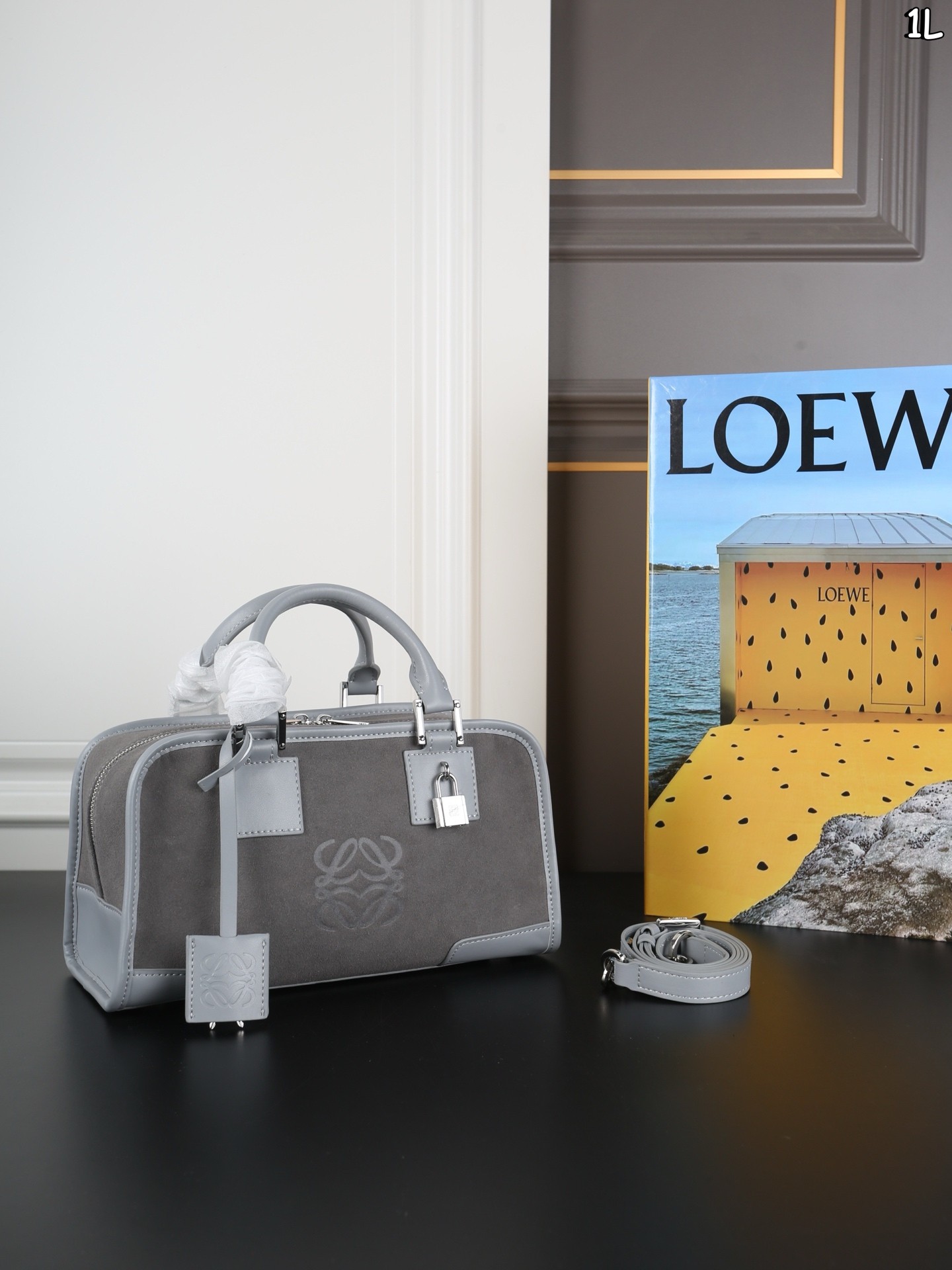 Loewe Amazona 28/36 Grey Boston Suede Leather Trim Padlock Handle Shoulder Bag - KAIROO