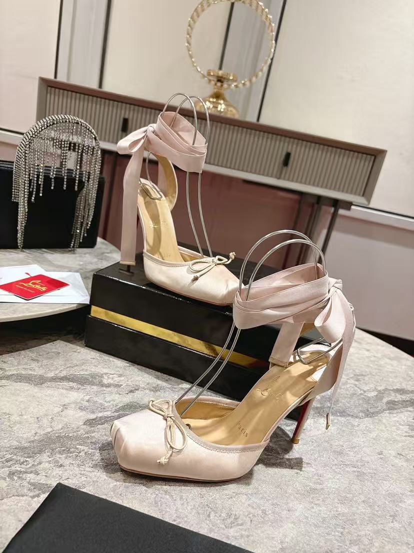 Christian Louboutin Ballet Square Toe Satin Ankle Strap Wrap Heels (Red Sole) - KAIROO