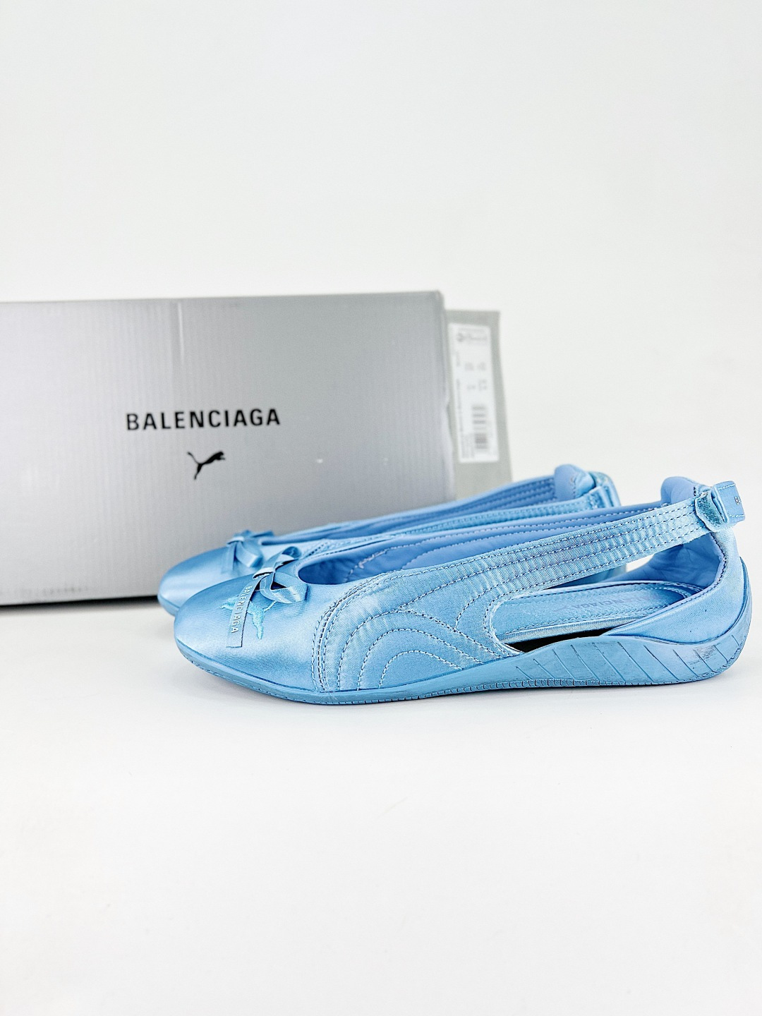 Balenciaga x Puma Blue Speedcat Round Toe Distressed Satin Bow Elasticated Hook Ballet Flats - KAIROO