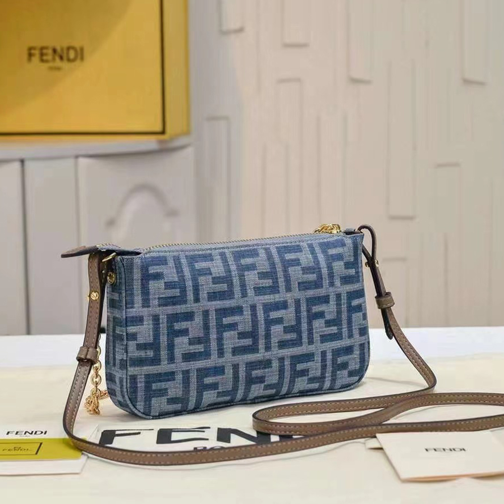 Fendi Baguette Light blue FF chain denim clutch bag