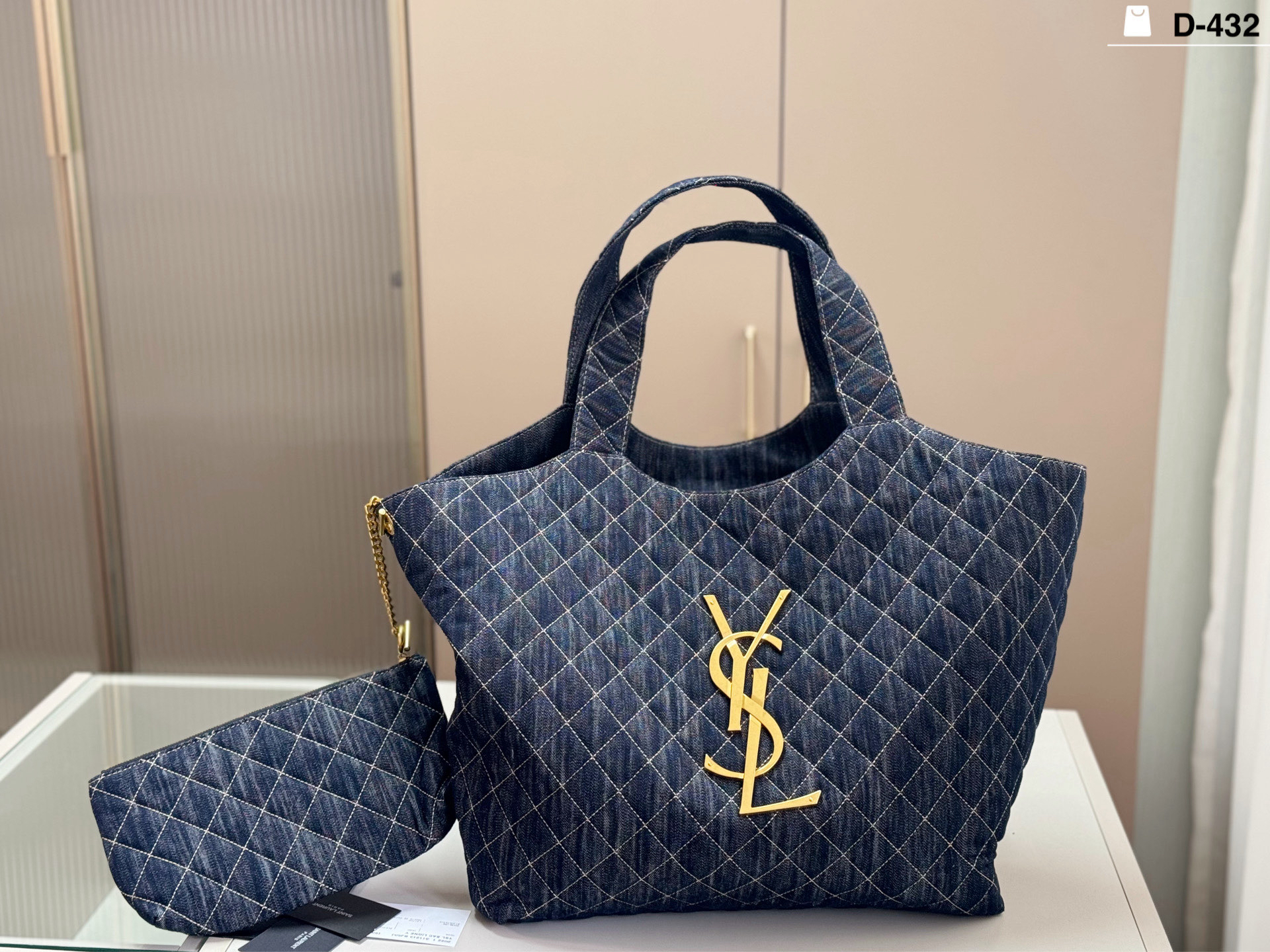 Saint Laurent Oversized Diamond-Quilted Denim Maxi Tote Bag with Removable Pouch - KAIROO