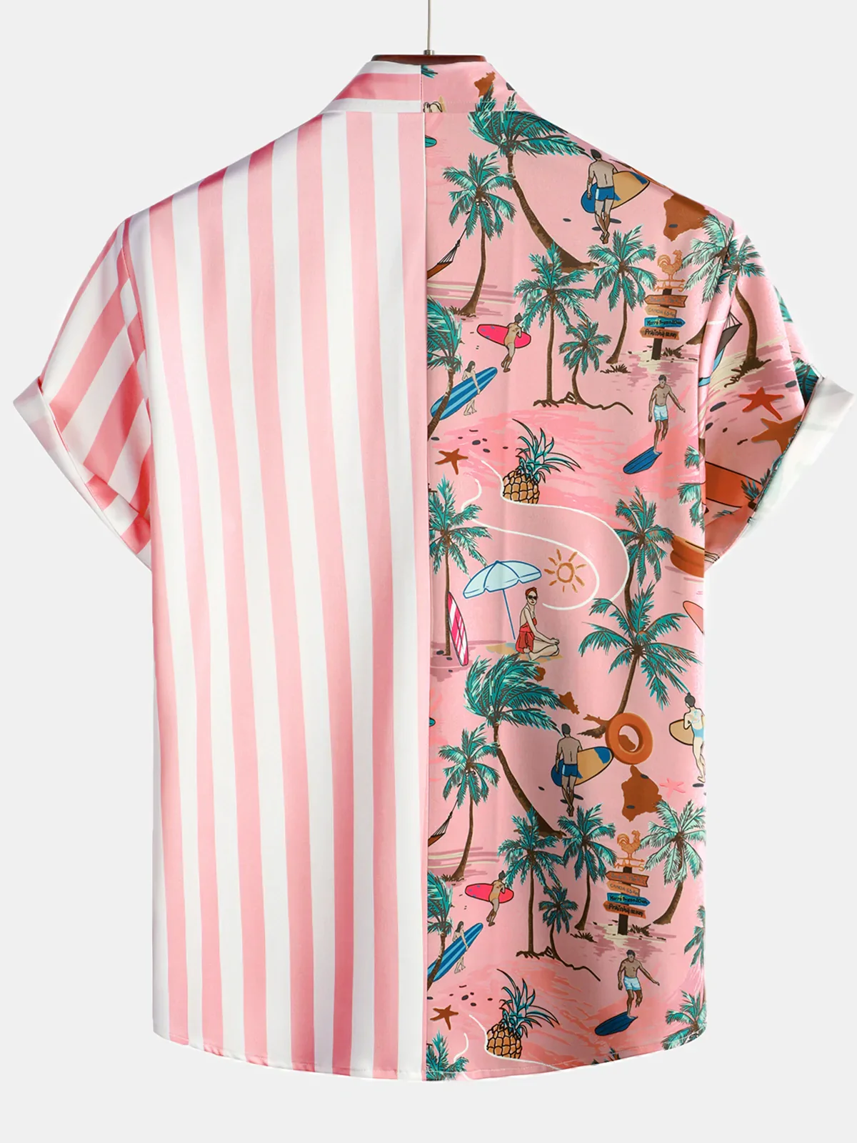 Men's Pink White Palm Print Aloha Hawaiian Short Sleeve Shirt