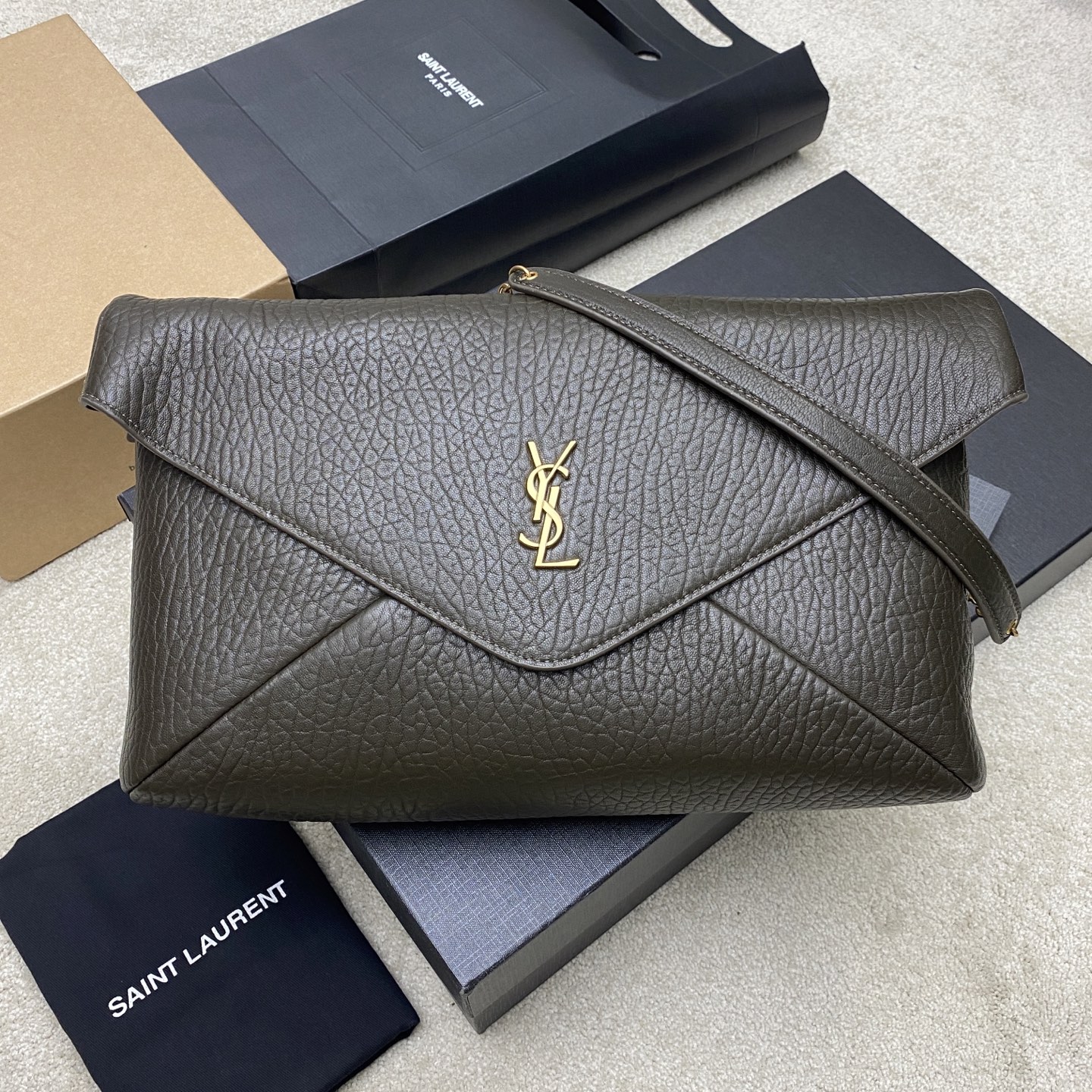 Saint Laurent Light Musk Large Lambskin Cassandre Pouch On Chain
