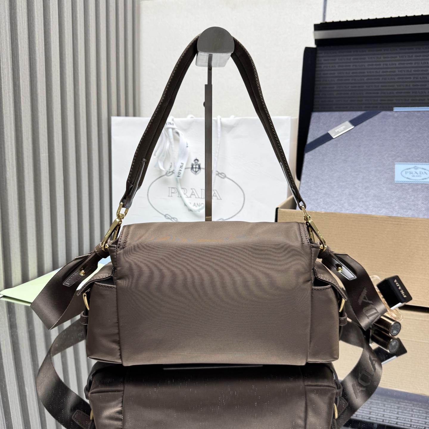 Prada Explore medium Re-Nylon shoulder bag with flap-Sienna 1BD394