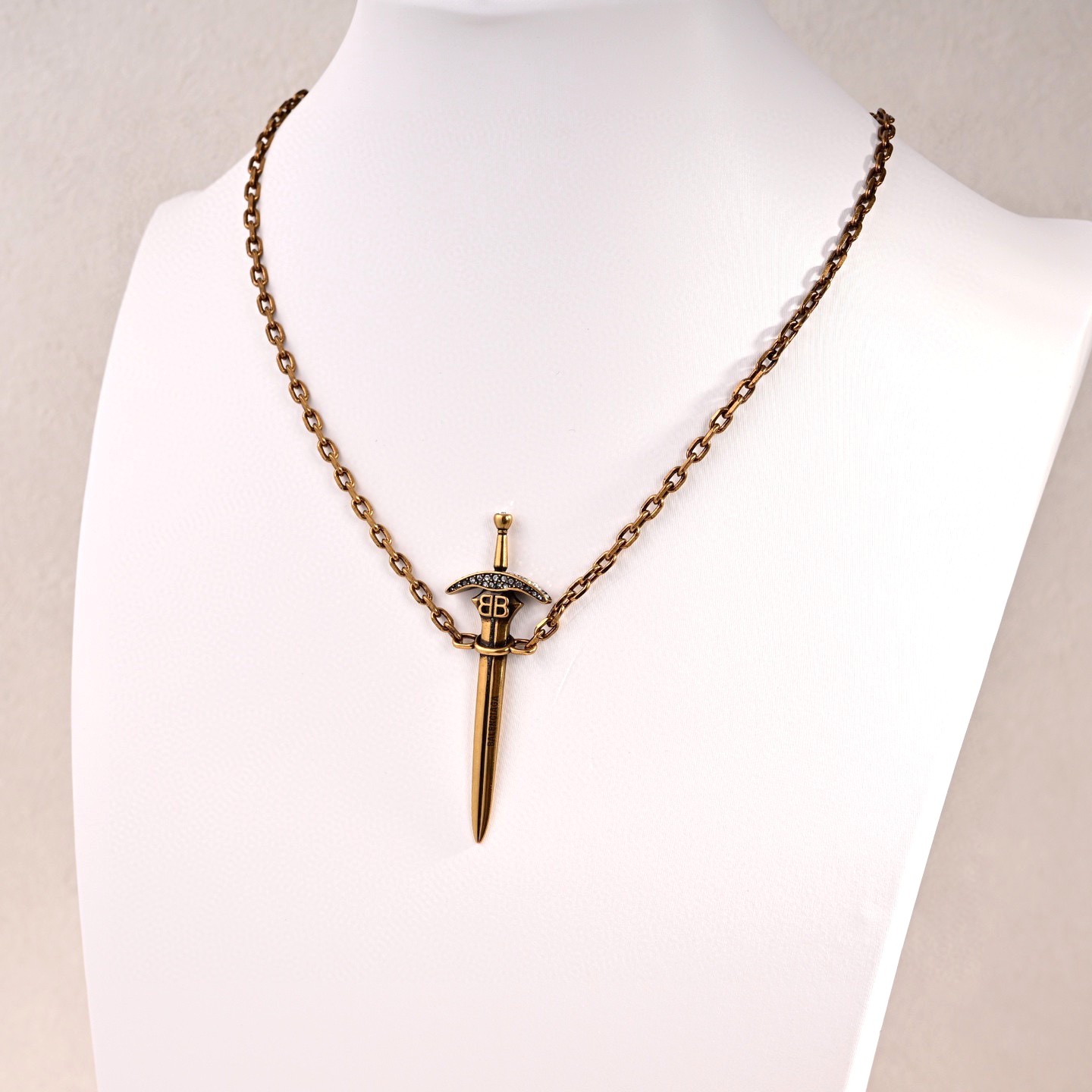 Balenciaga BB Logo Rhinestone Embellished Dagger Sword Pendant Bronze Tone Necklace - KAIROO