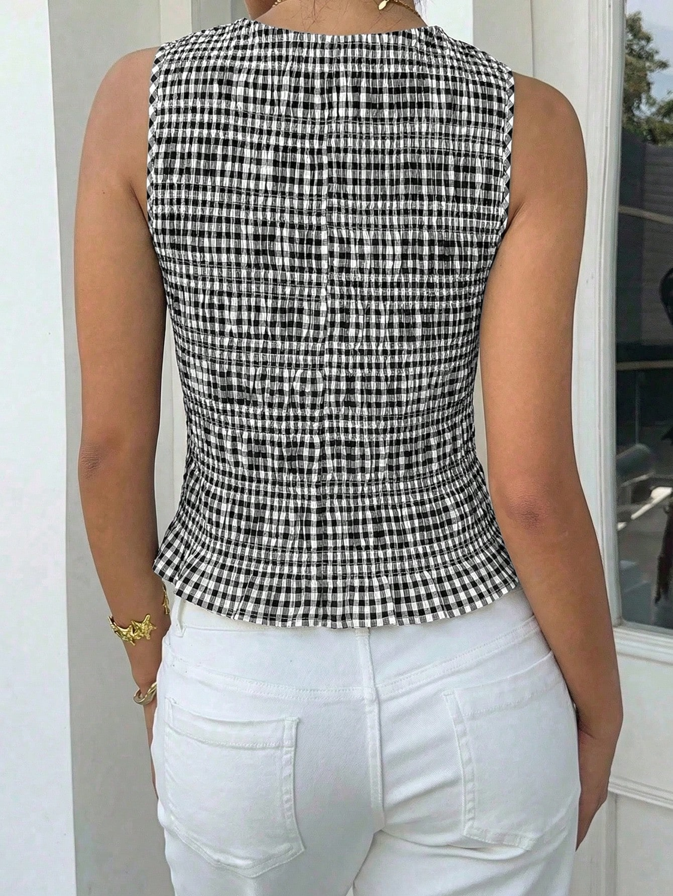 Women's Plaid Smocked Ruffle Hem Round Neck Tank Top