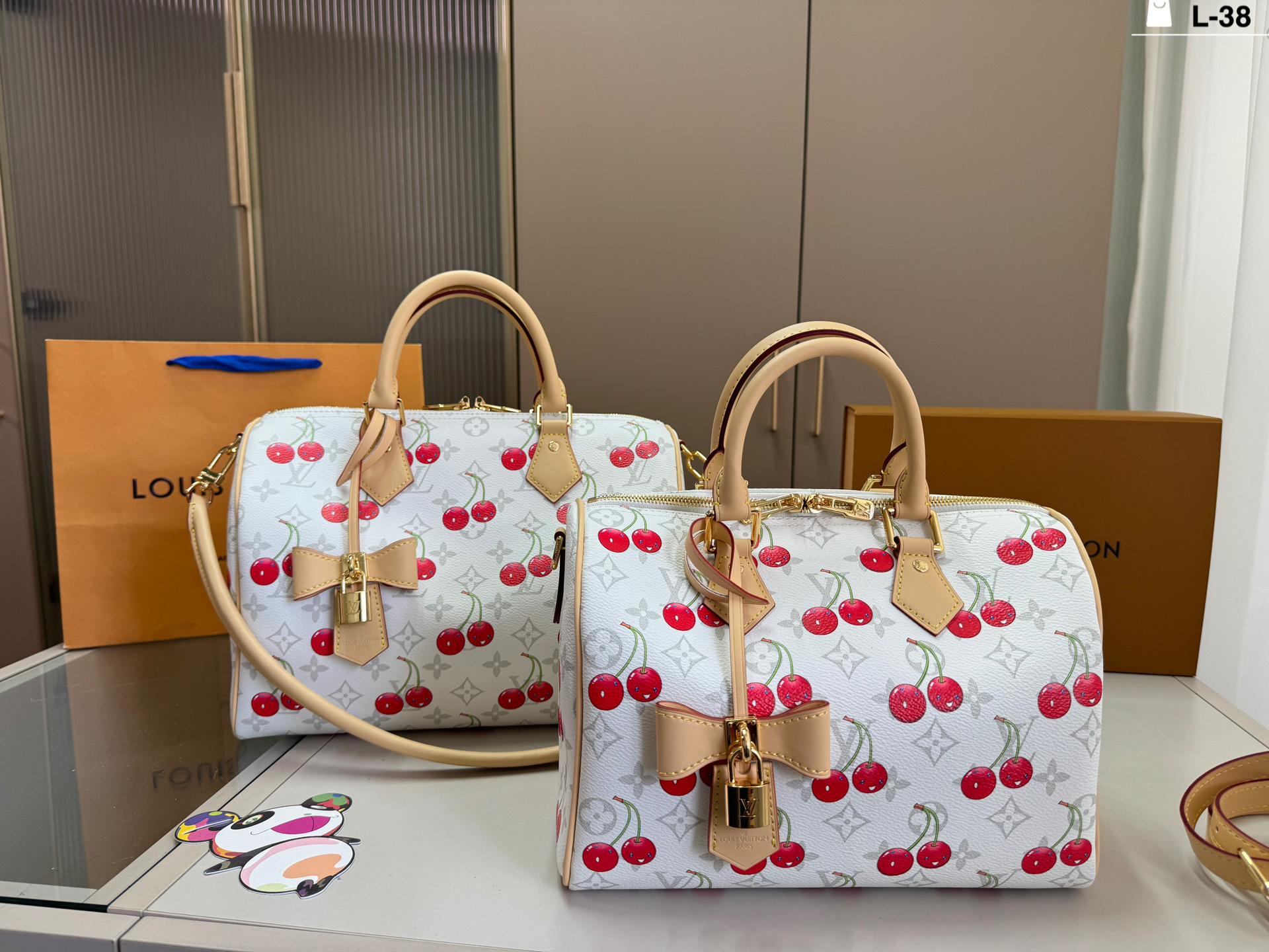 Louis Vuitton x Takashi Murakami LV Speedy 20/25/30 Cerises White Denim Monogram Liner Boston Top Handle Bag - KAIROO