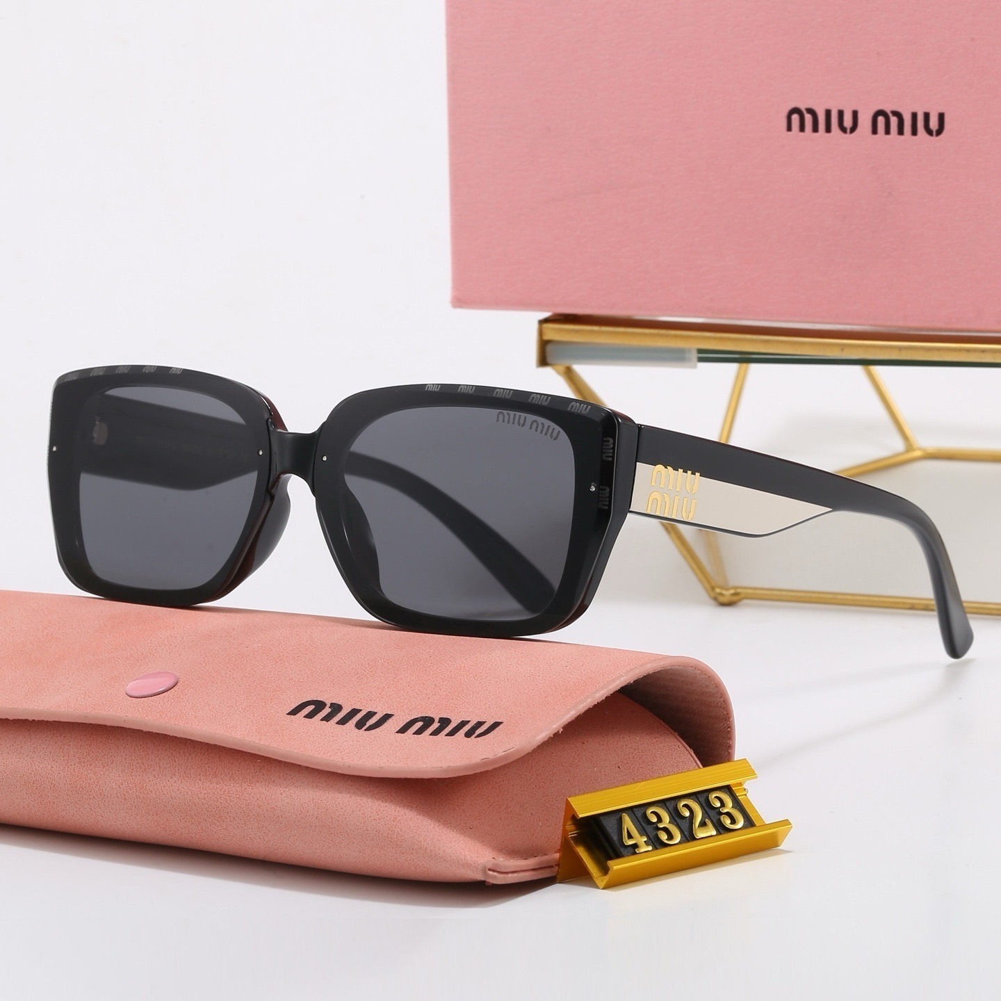 Miu Miu Classic Acetate Oversized Square Frame Contrast Metal Insert Temple Dual Row Gold Tone Logo Sunglasses - KAIROO