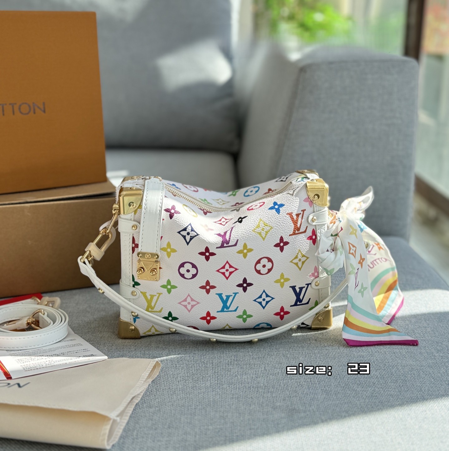 Louis Vuitton LV x TM Side Trunk MM White Multicolore Monogram Canvas White Trim S-Lock Soft Crossbody Bag - KAIROO