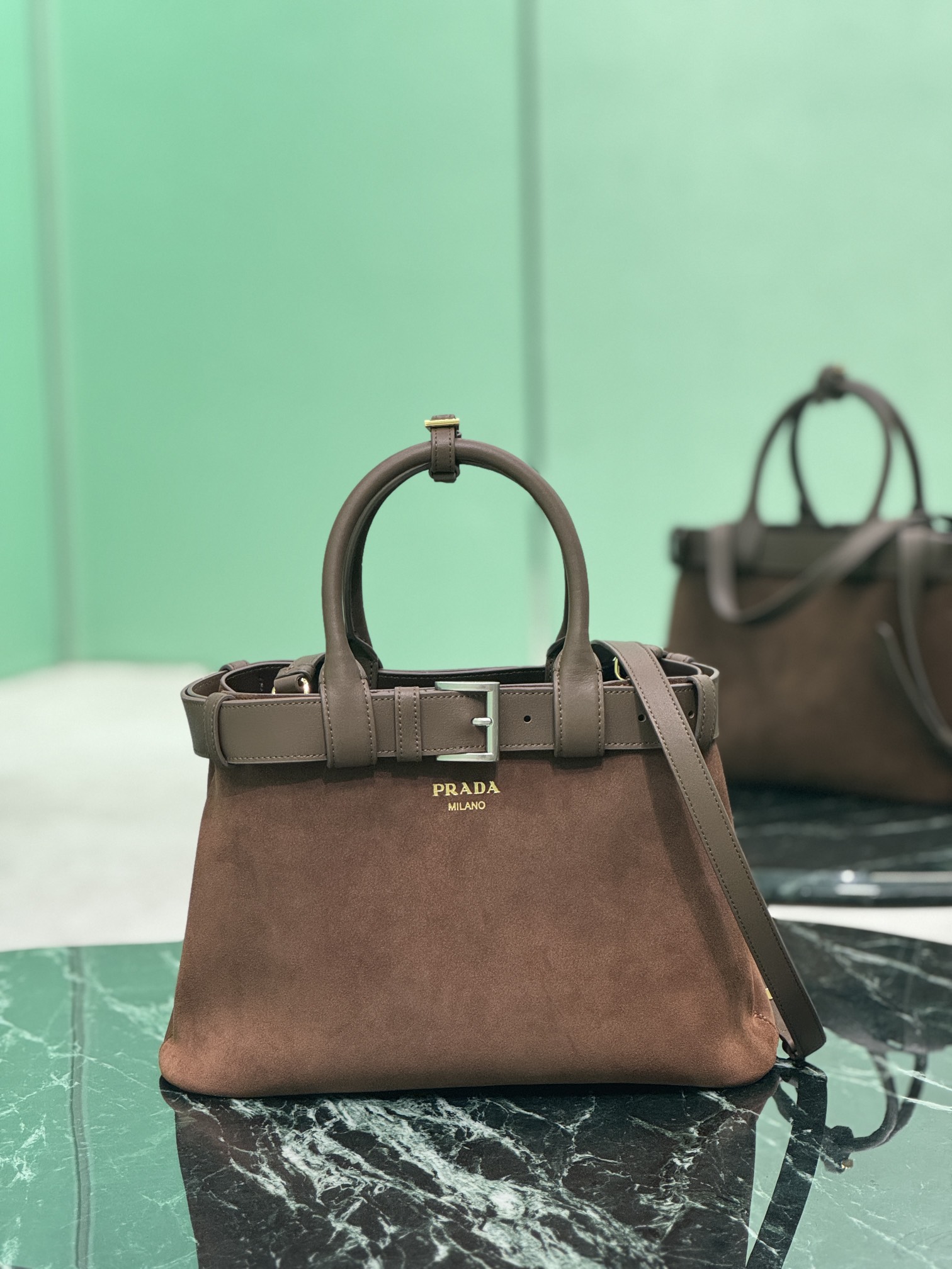 Prada Cocoa Brown Buckle Small suede bag with belt