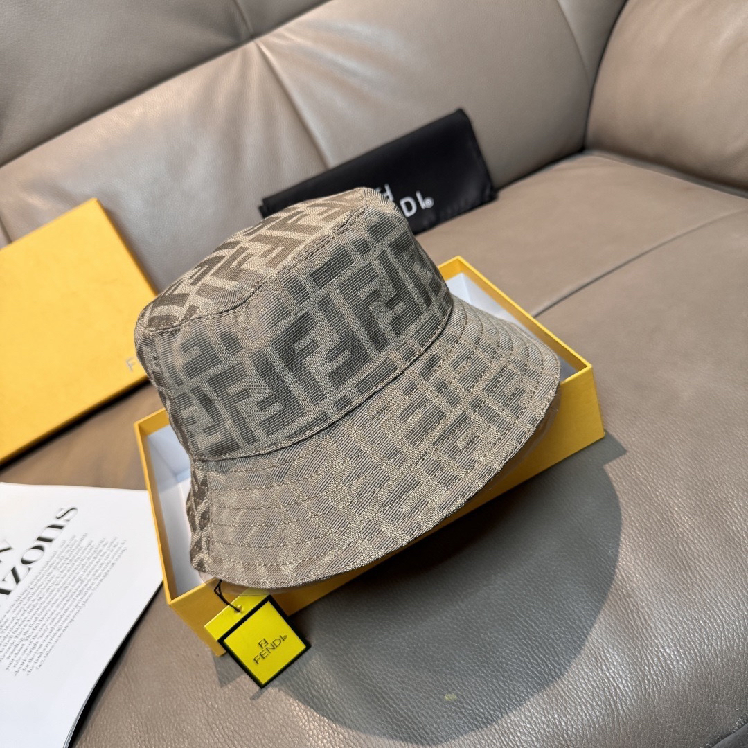 Fendi Sand Round Crown FF Monogram Jacquard Canvas Streetwear Bucket Hat - KAIROO