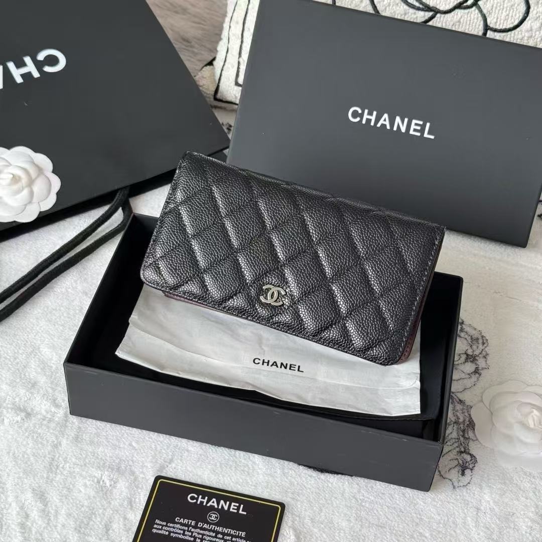 Chanel Classic Long Folded Wallet in Black Grained Calfskin