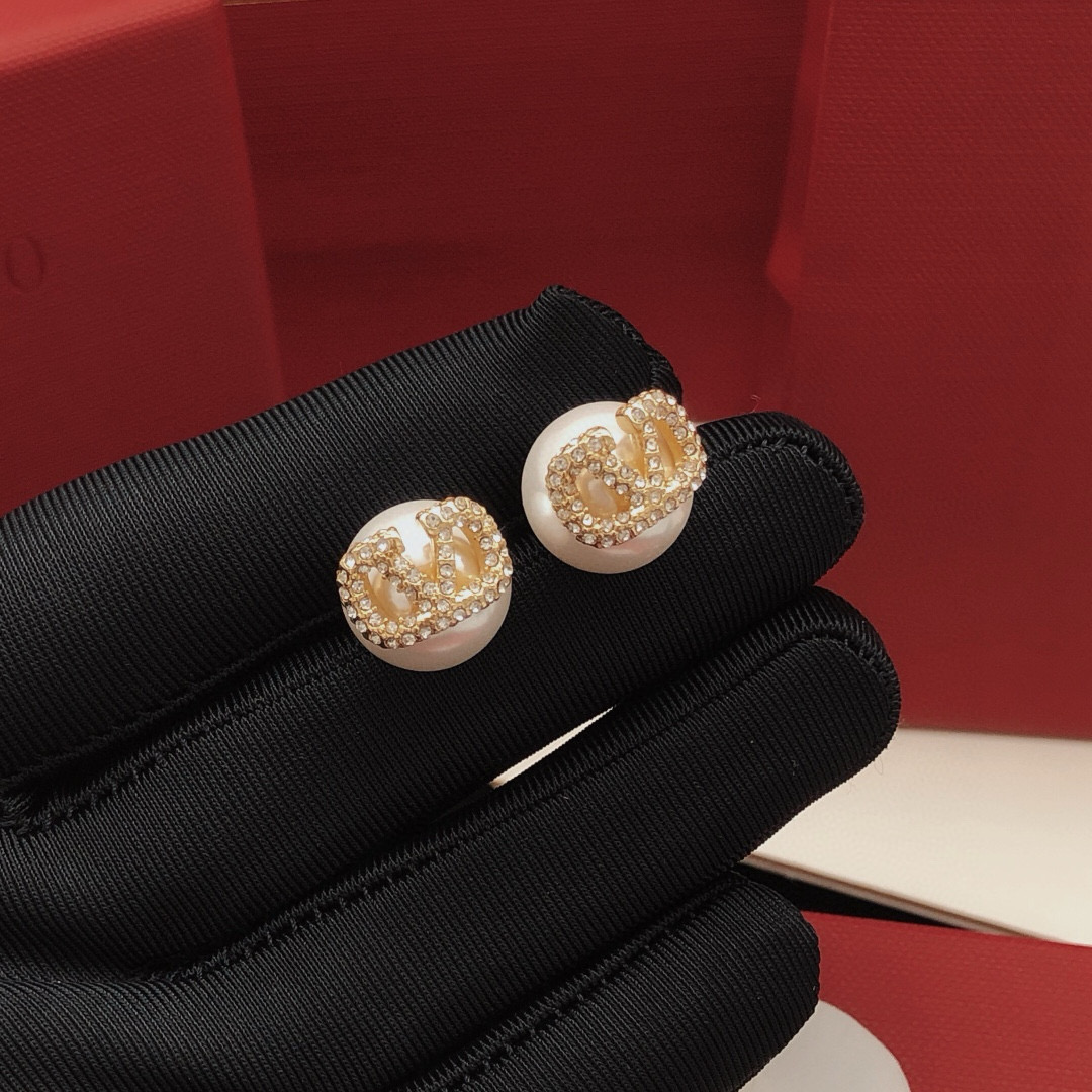 Valentino V-Shape Pave Diamond Pearl Stud Earrings