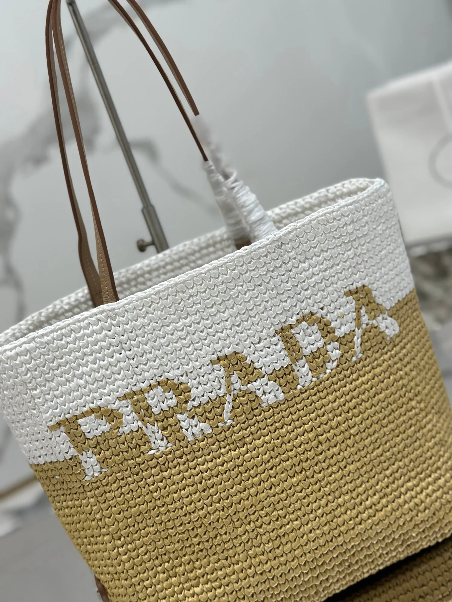 Prada SMALL TOTE BAG 27 IN WHITE MIX BEIGE RAFFIA AND BROWN CALFSKIN HANDLE