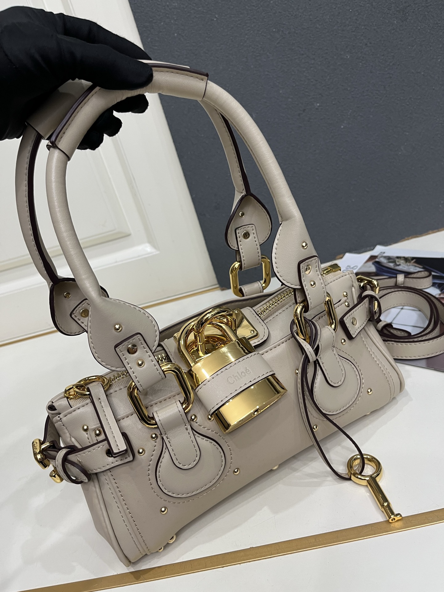 Chloe Paddington Beige Mini Oversized Rivet Padlock Key Smooth Leather Hobo Top Handle Bag - KAIROO