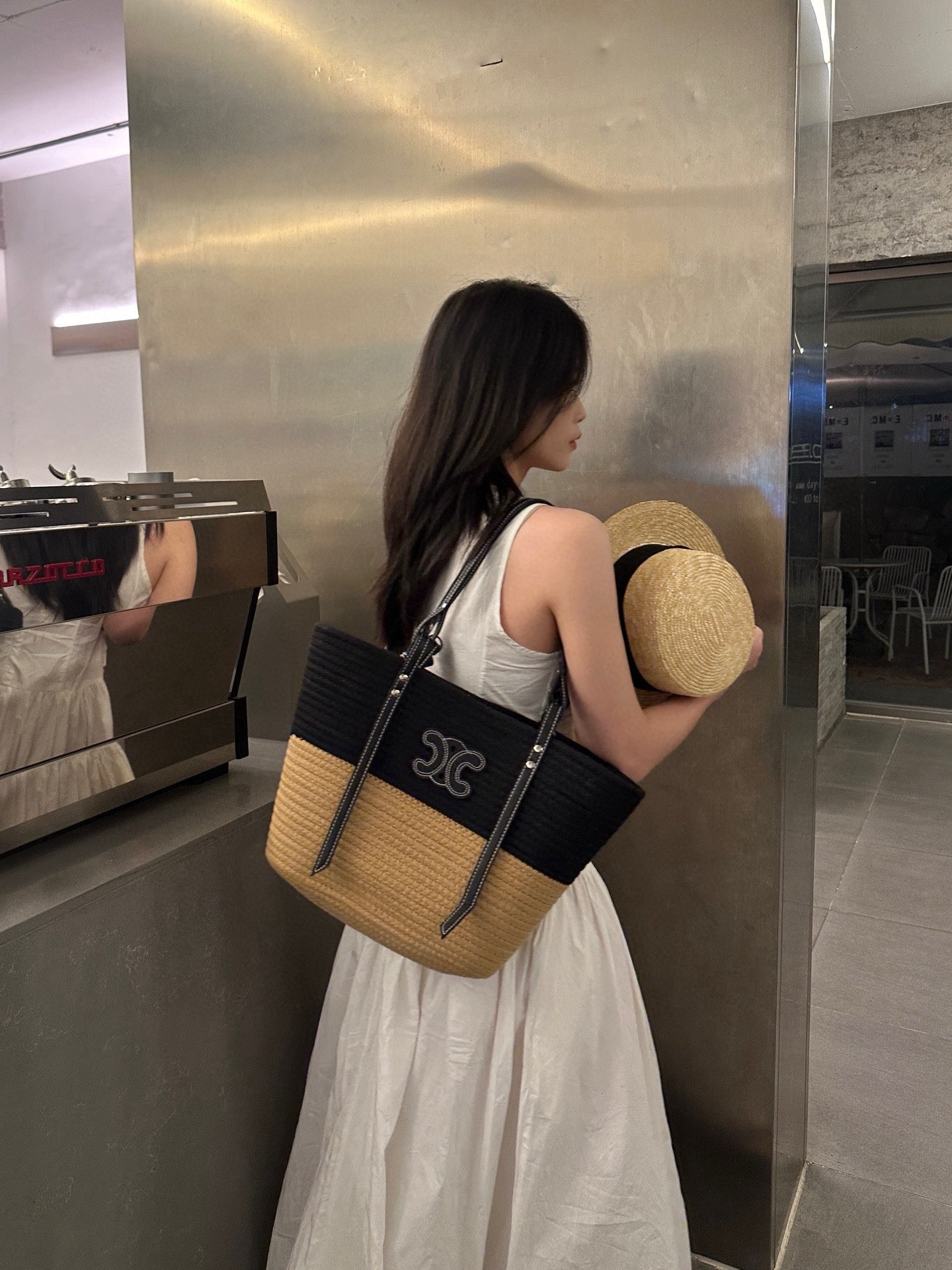 Celine Large Black And Beige Woven Raffia Leather Triomphe Patch Tote Basket Bag - KAIROO