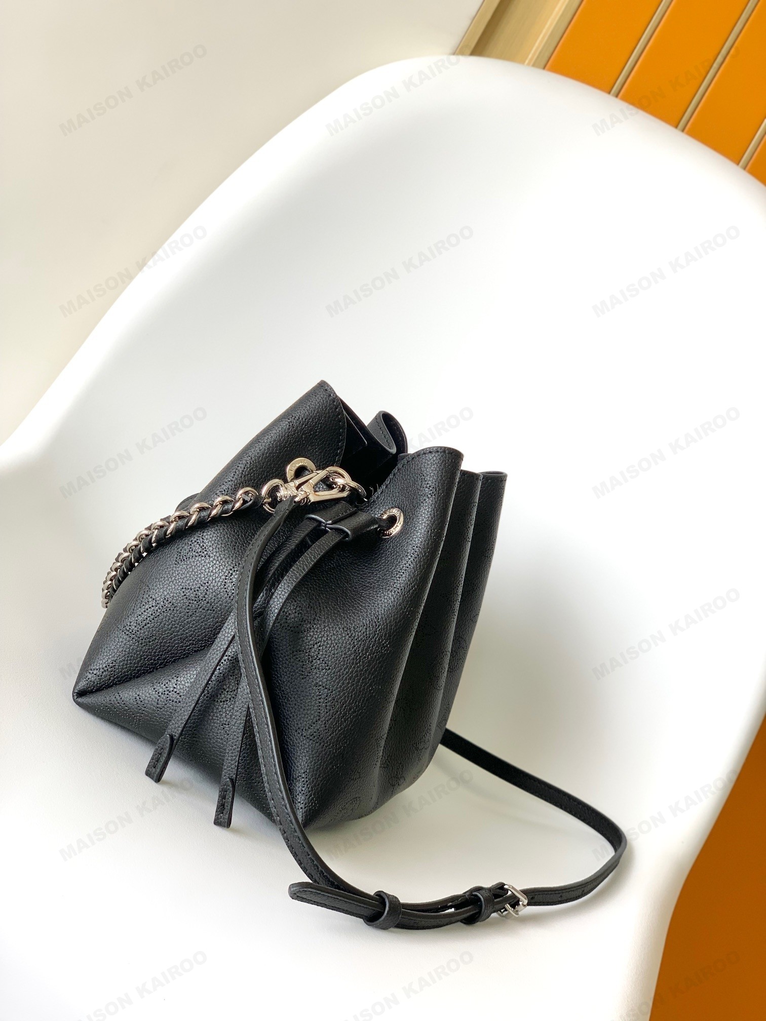 Louis Vuitton LV Mahina Bella Black Dense Perforated Monogram Leather Drawstring Bucket Handle Shoulder Bag - KAIROO