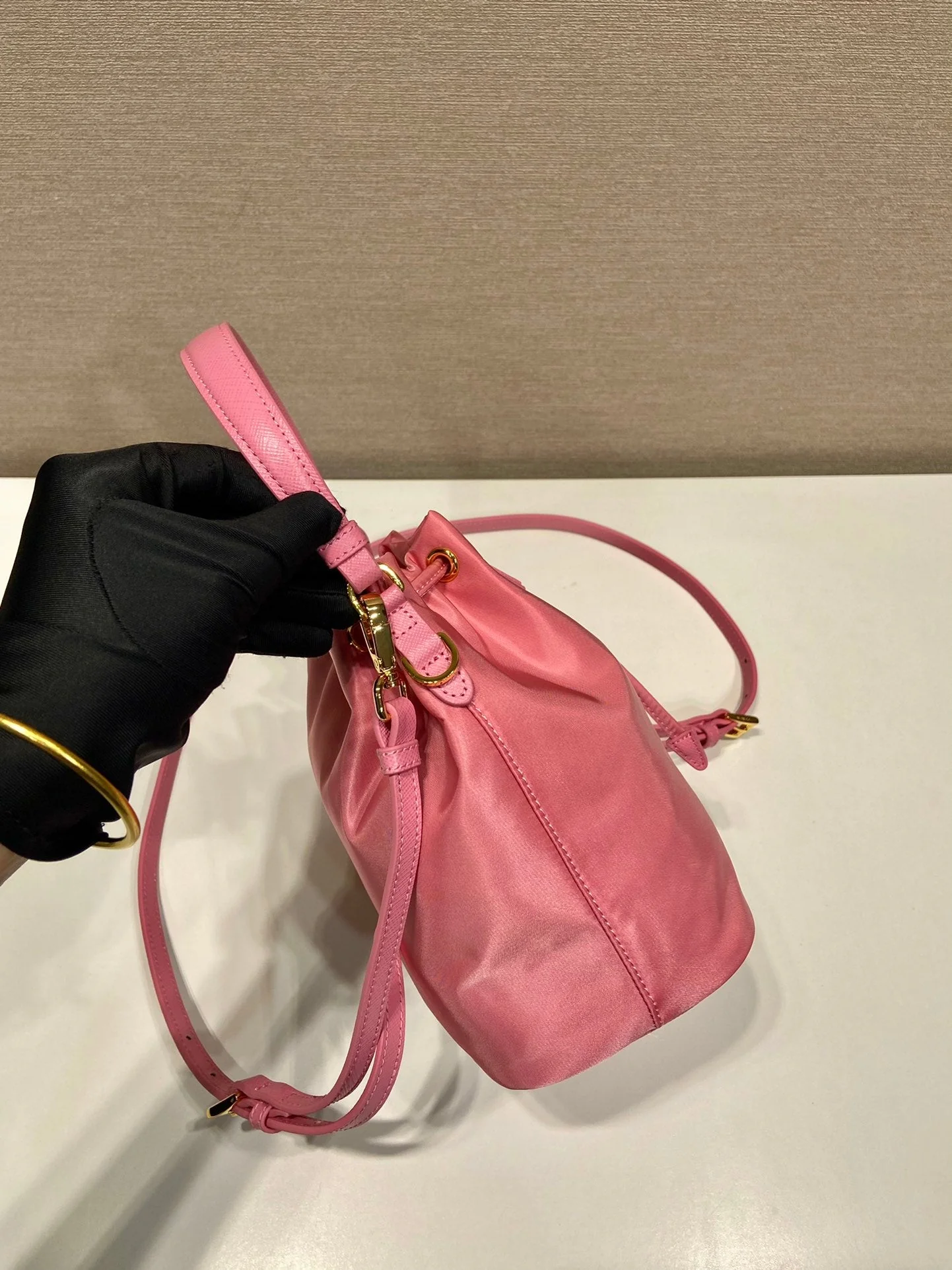 Prada BUCKET BAG 19 IN CANDY PINK RE-NYLON AND SAFFIANO LEATHER HANDLE