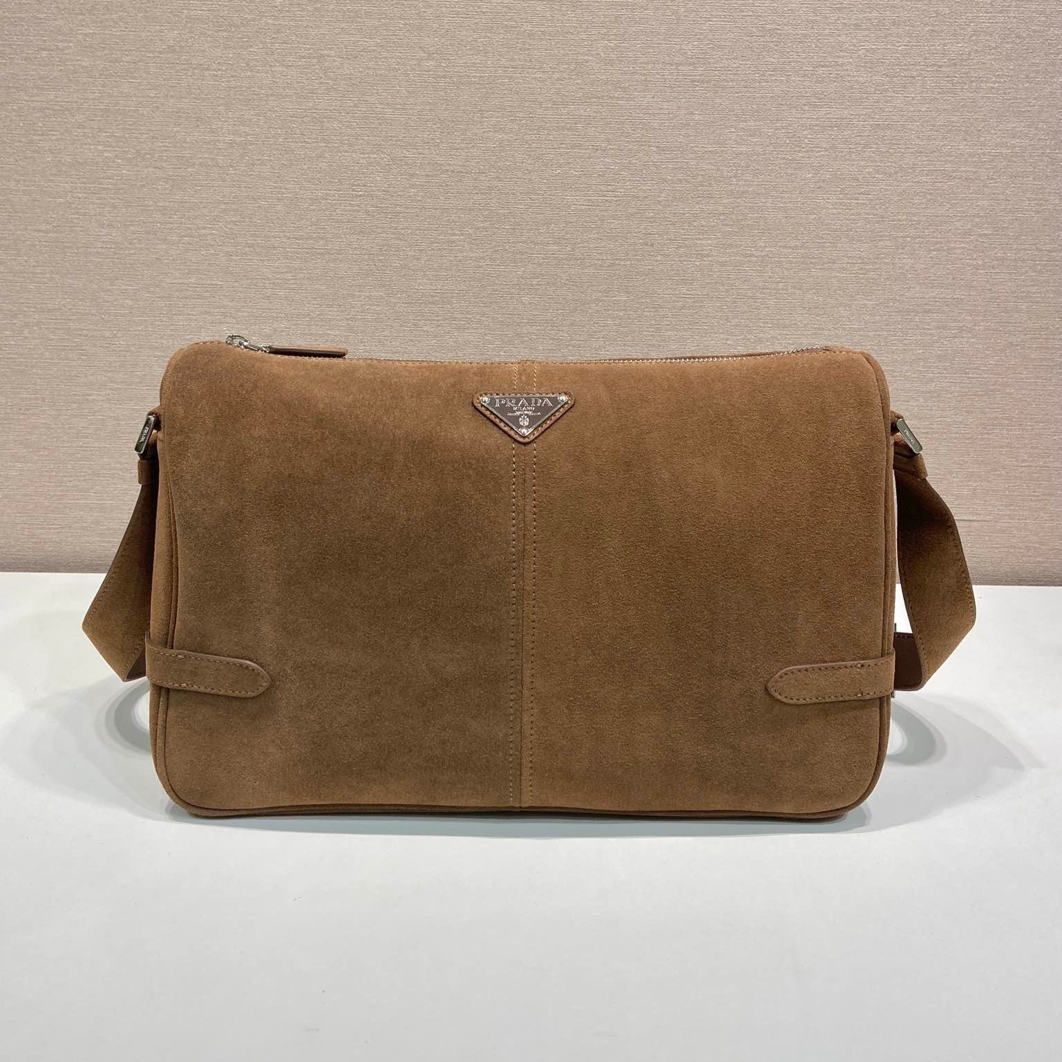 Prada HOBO BAG 35 IN GINGERBREAD SUEDE SILVER LOGO