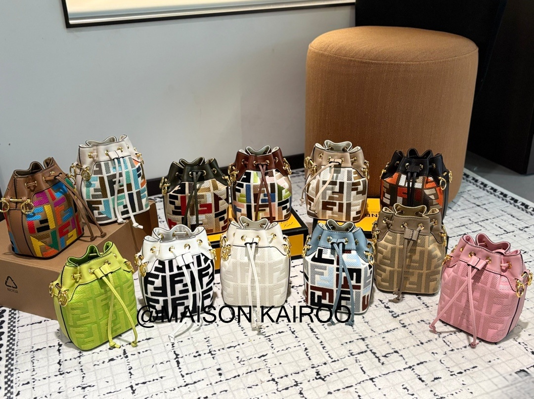 Fendi FF Mon Tresor Mini Multicolor Jacquard Monogram Canvas Leather Drawstring Bucket Shoulder Bags - KAIROO