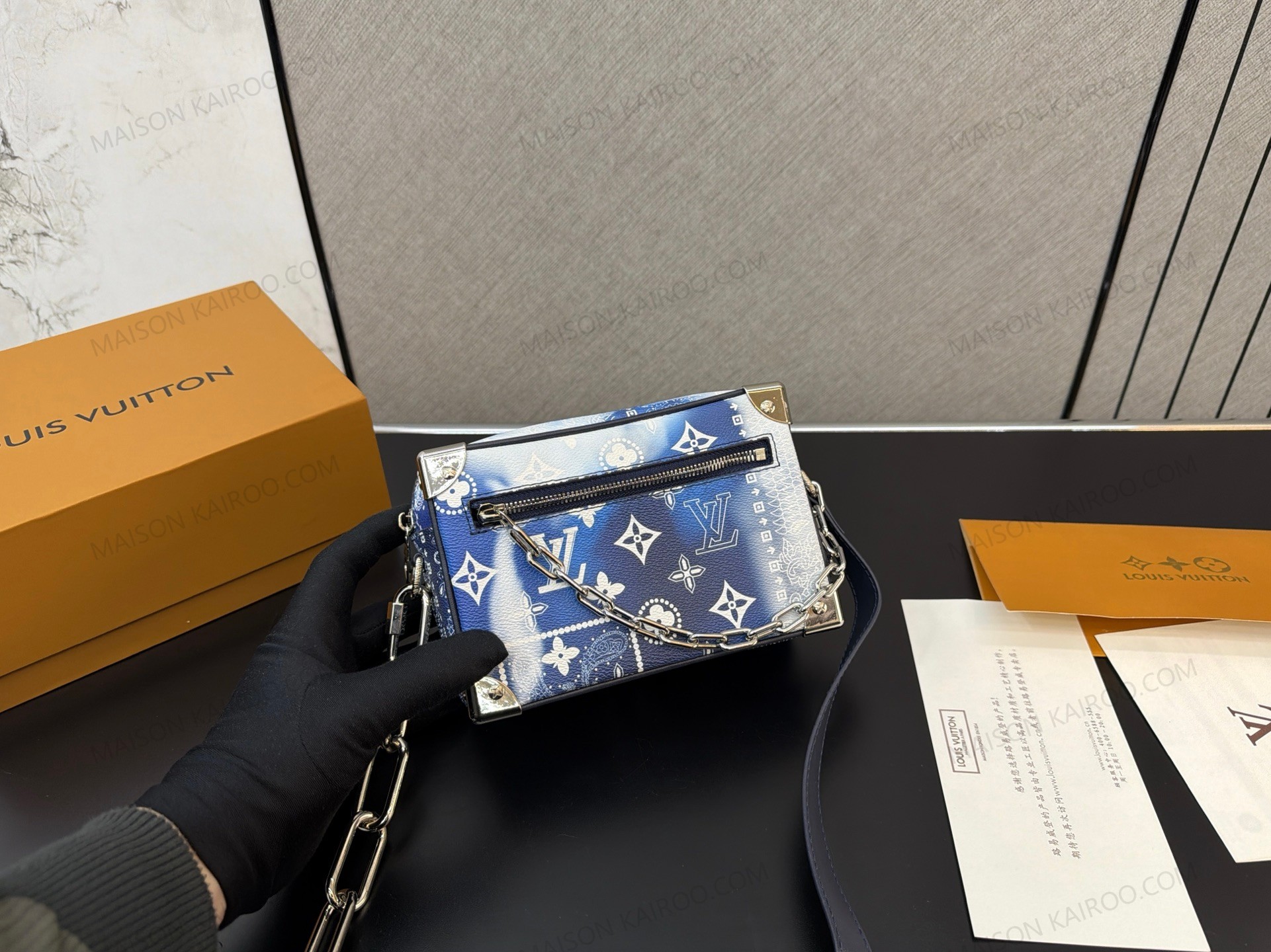 Louis Vuitton LV Mini Soft Trunk Blue Bandana Gradient Monogram Canvas Silver Chain Crossbody Bag - KAIROO