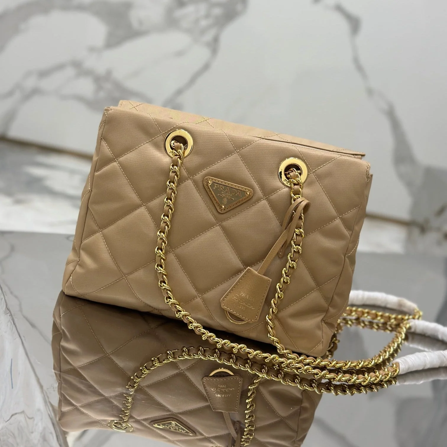 Prada VINTAGE HOBO BAG 25 IN LIGHT FRENCH BEIGE QUILTED NYLON GOLD HARDWARE