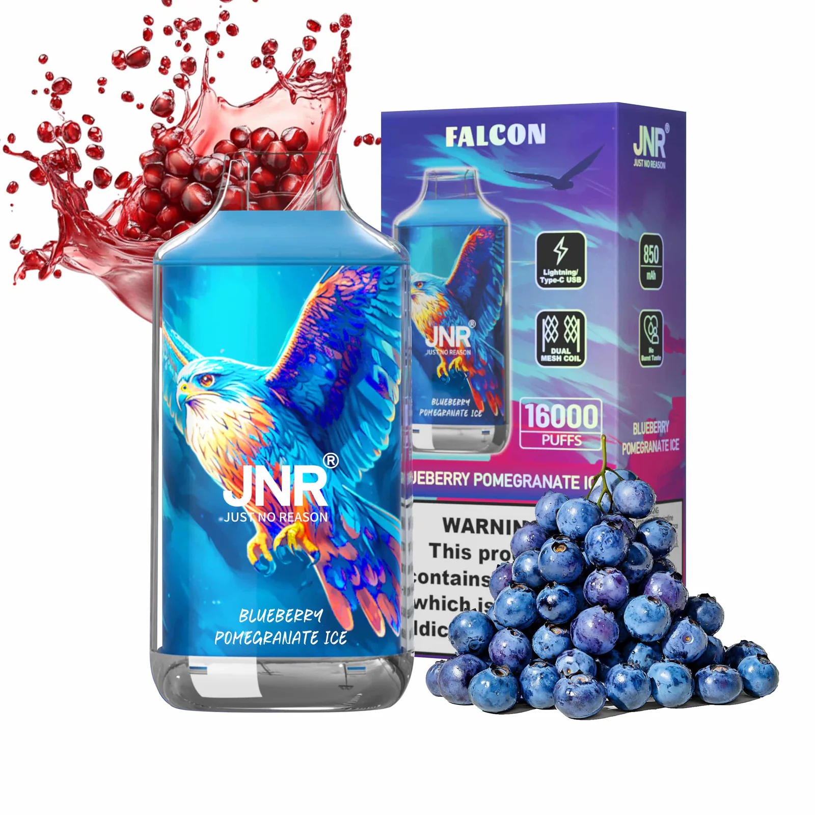 JNR Falcon 16K Rechargeable Disposable Vape – Blueberry Pomegranate Ice