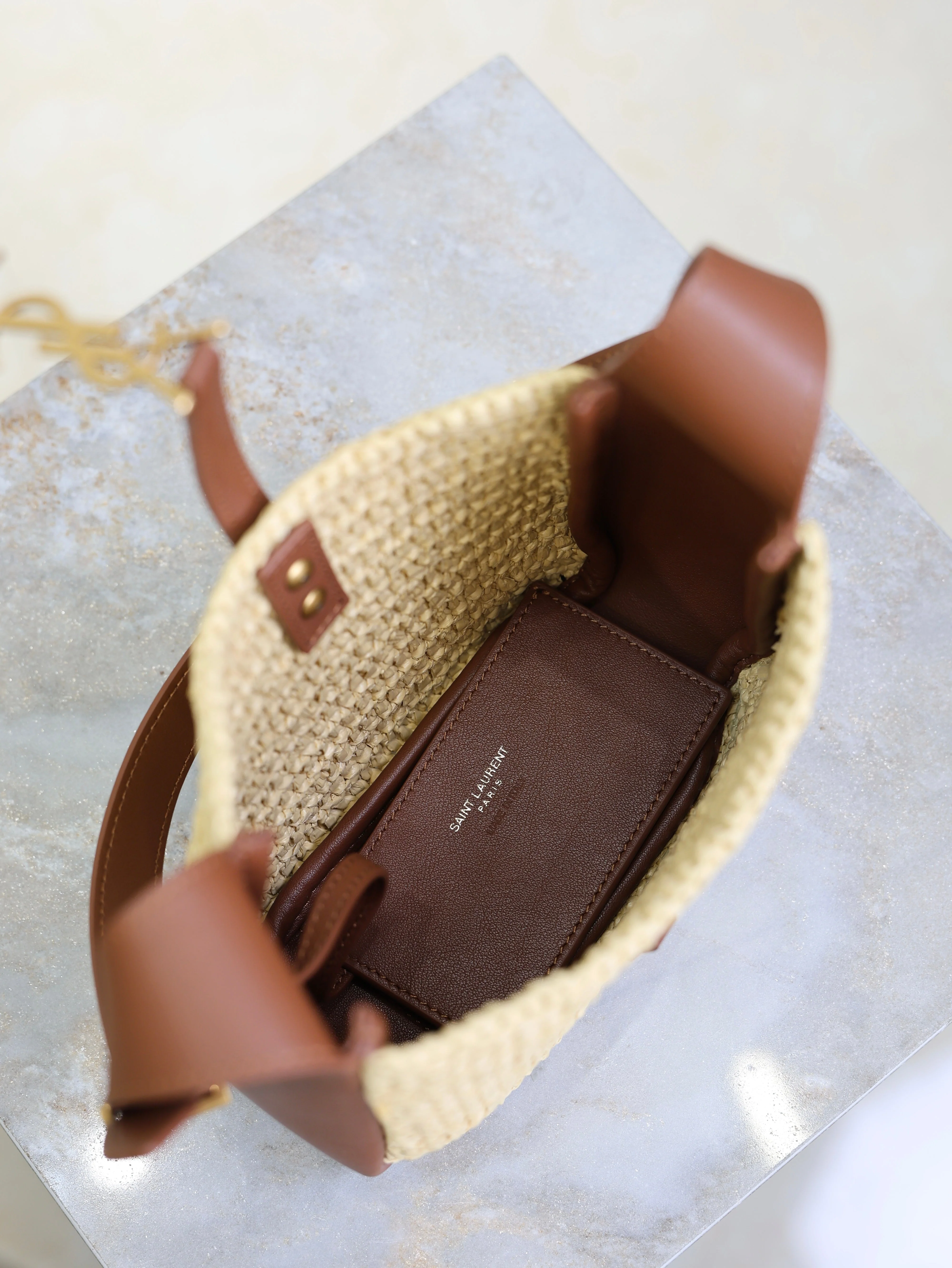 Saint Laurent YSL LE 5A7 Mini 15cm Brown Beige Raffia Leather GHW